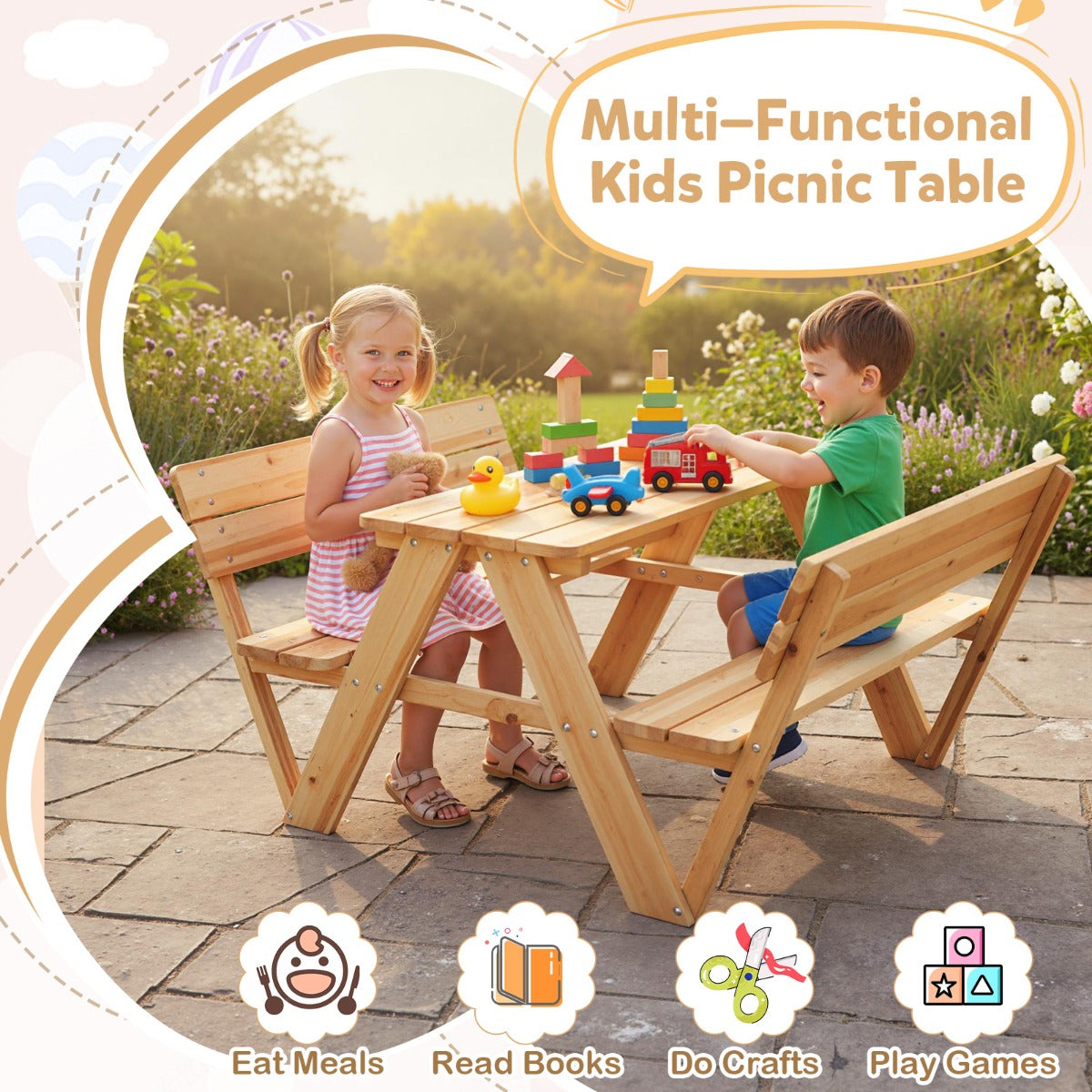 Livsk costway kinderpicknicktafel houten peutertafel en stoelenset voor buiten kindermeubelset 6