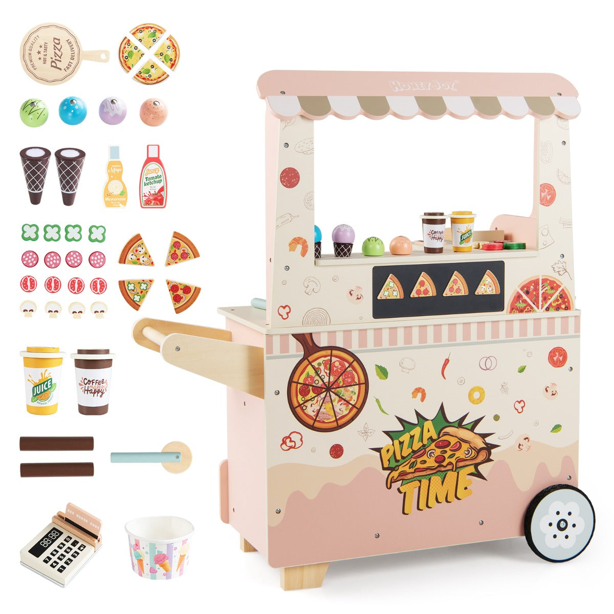Livsk costway kinderpizza food truck houten snackwagen om mee te rollenspelen met oven magnetisch bord ijsjes kassa winkelverkoopkraam op wielen
