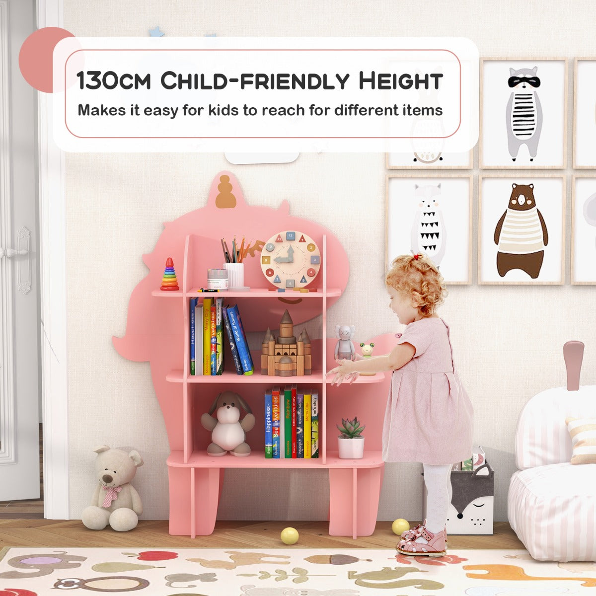 LIVSK Kinderboekenkast - 3 Open Planken - Anti-kantelstructuur - Kindvriendelijke Hoogte - Schattig Eenhoorn Design - Roze
