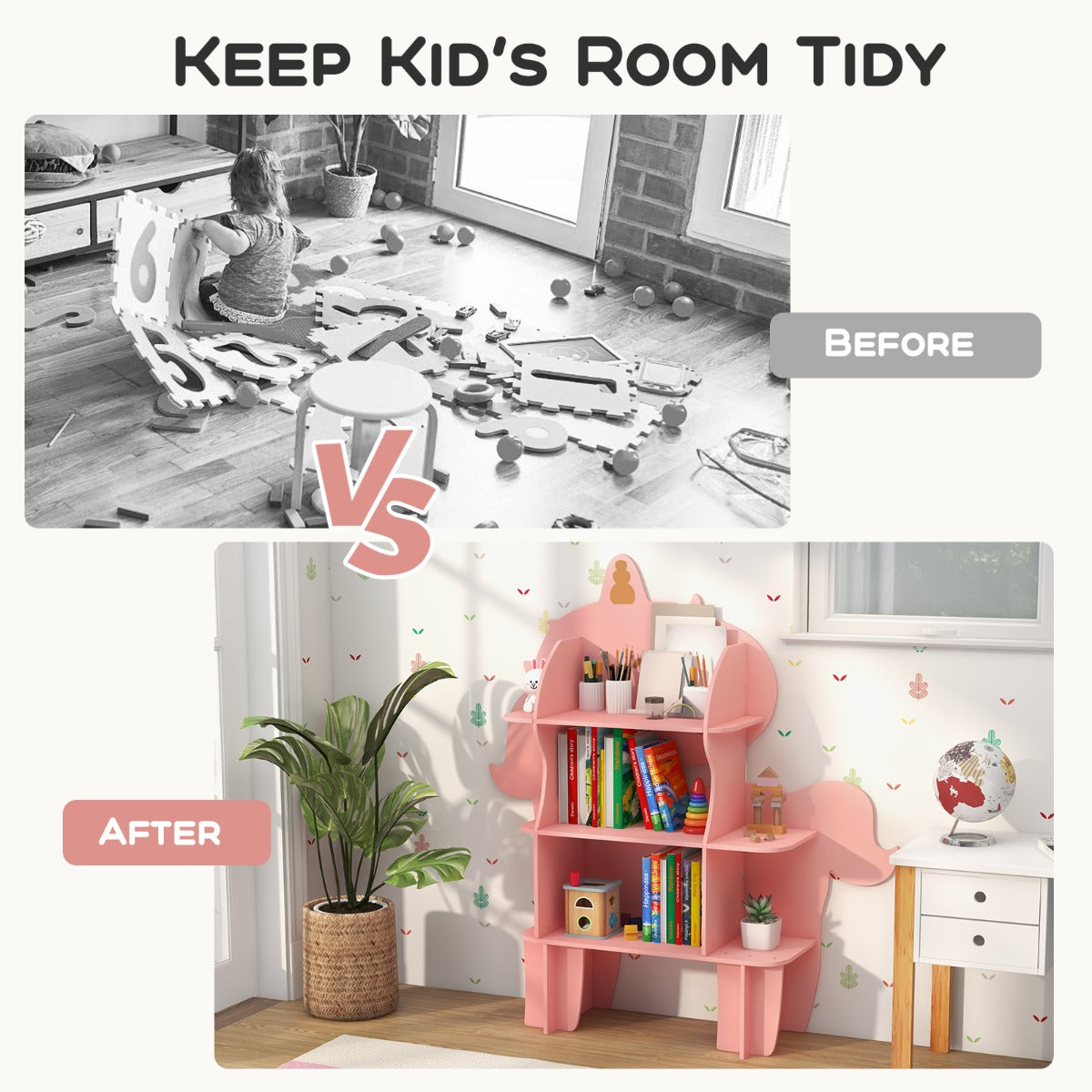LIVSK Kinderboekenkast - 3 Open Planken - Anti-kantelstructuur - Kindvriendelijke Hoogte - Schattig Eenhoorn Design - Roze