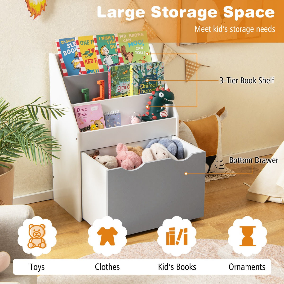 LIVSK Kinderboekenkast en Speelgoedkist - Drie Niveaus - Wielen - Kantelbeveiliging - Voor 3-6 Jaar - Grijs + Wit