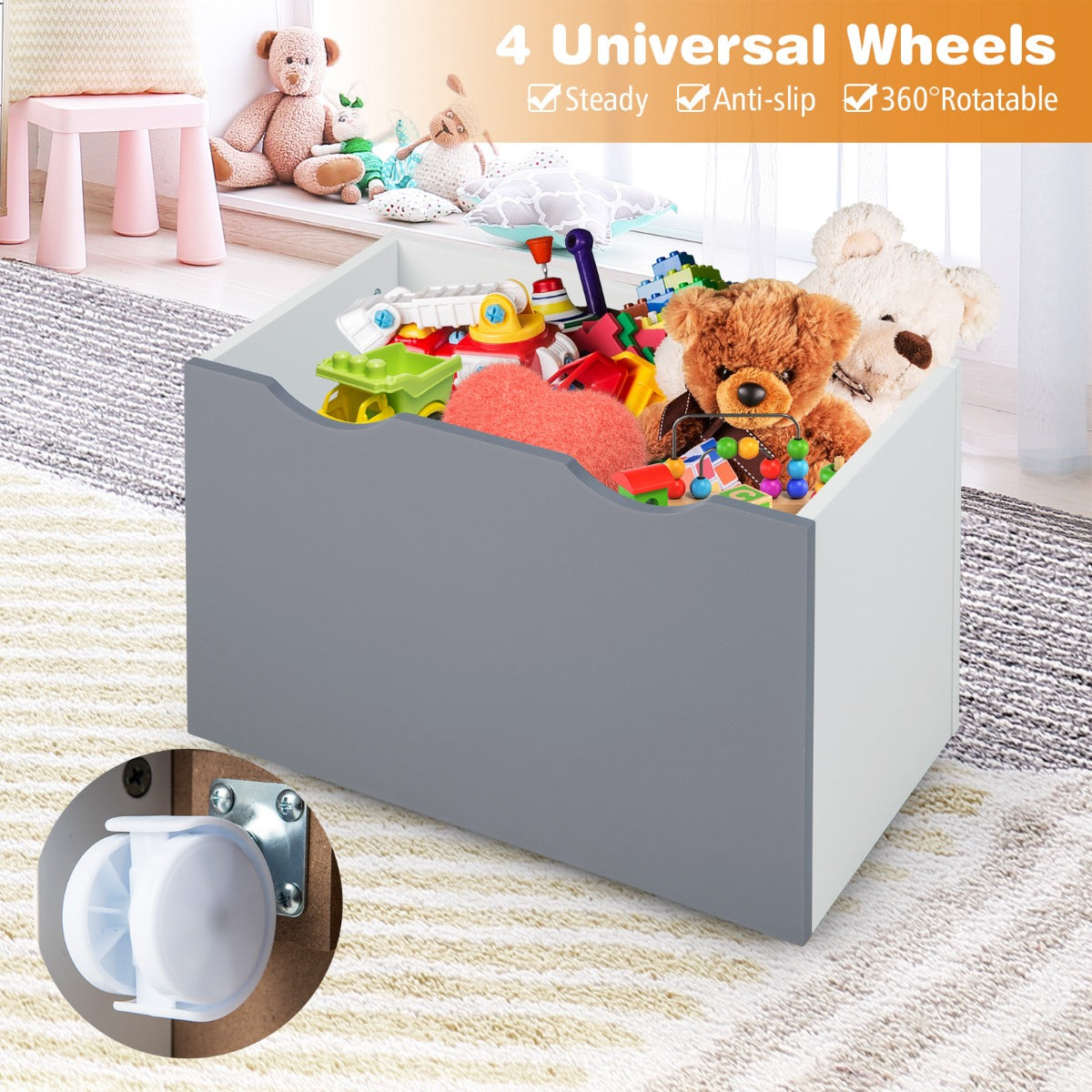LIVSK Kinderboekenkast en Speelgoedkist - Drie Niveaus - Wielen - Kantelbeveiliging - Voor 3-6 Jaar - Grijs + Wit