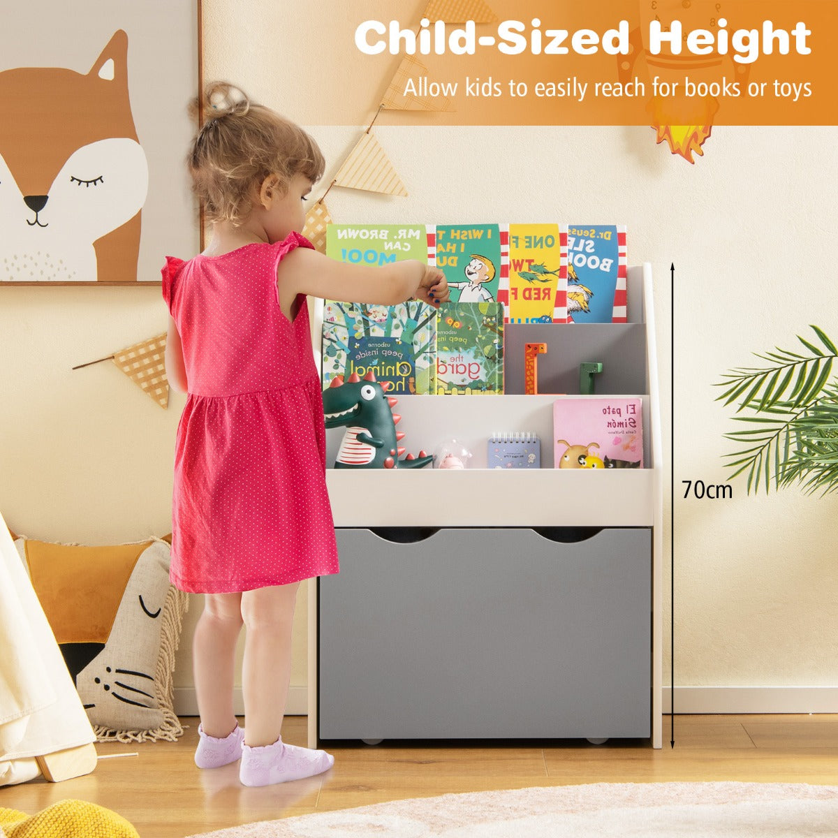 LIVSK Kinderboekenkast en Speelgoedkist - Drie Niveaus - Wielen - Kantelbeveiliging - Voor 3-6 Jaar - Grijs + Wit