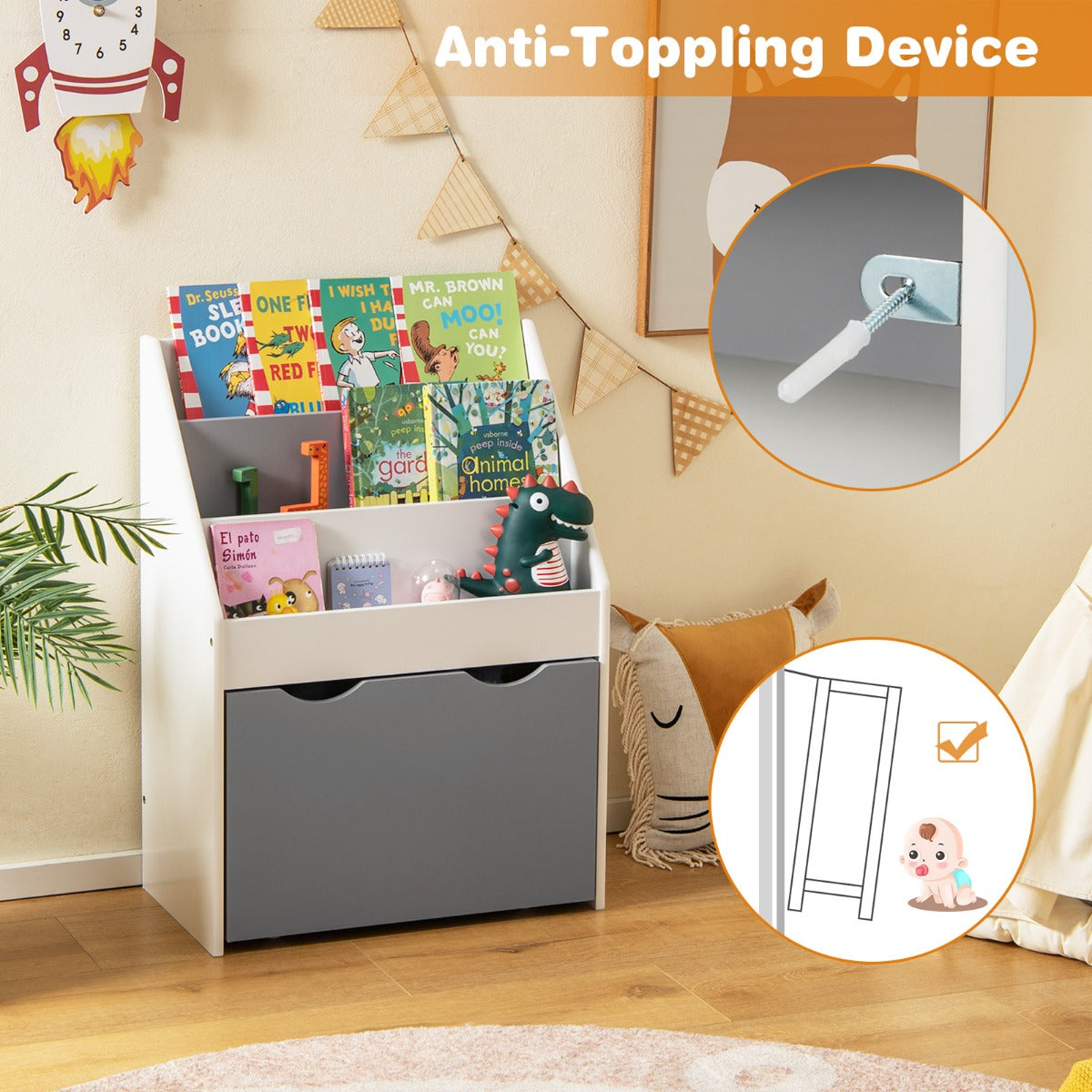 LIVSK Kinderboekenkast en Speelgoedkist - Drie Niveaus - Wielen - Kantelbeveiliging - Voor 3-6 Jaar - Grijs + Wit