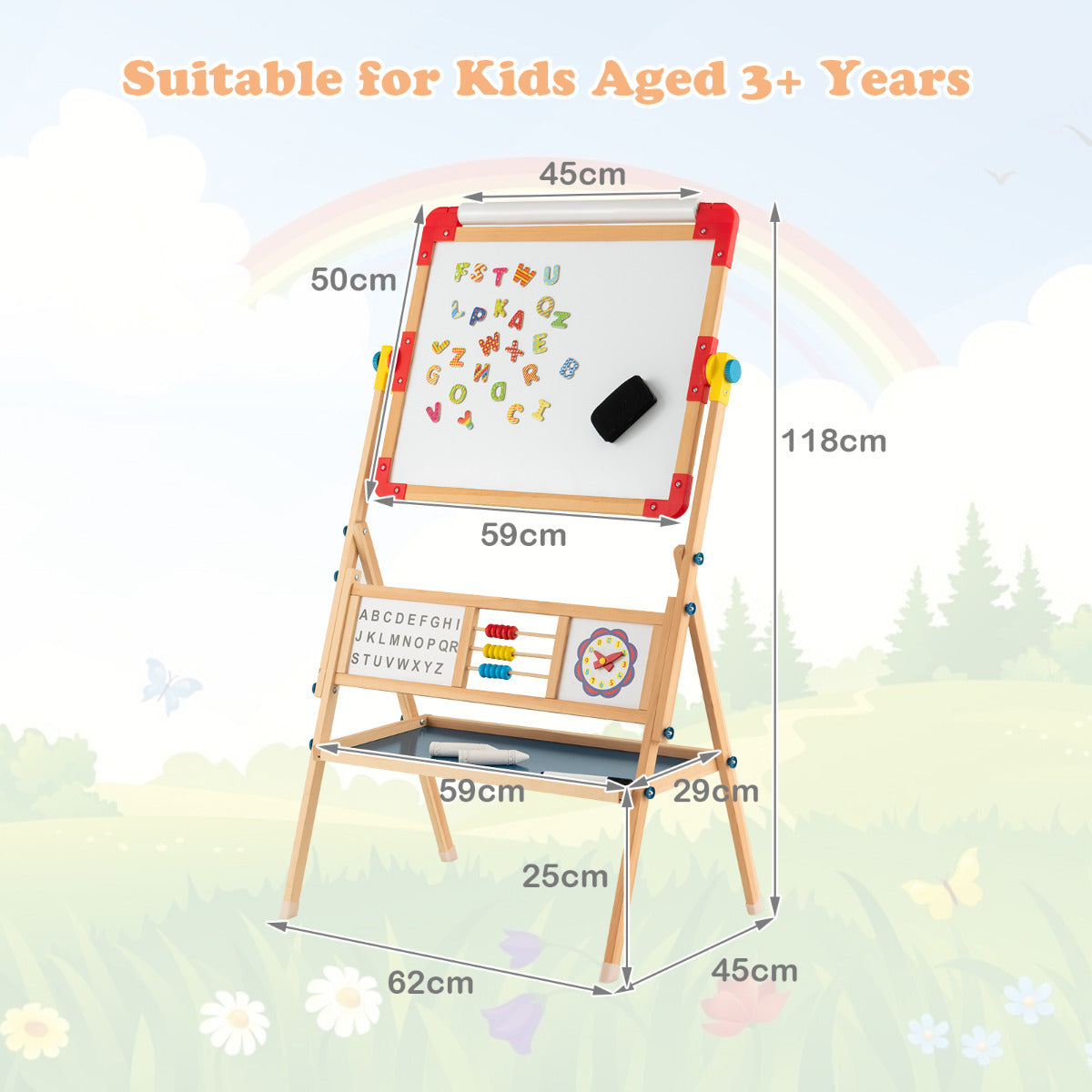 LIVSK Houten Kunstezel 3-in-1 - Dubbelzijdig Tekenbord met Papierrol - Educatief en Creatief - Voor Kinderen vanaf 3 jaar - Natuur
