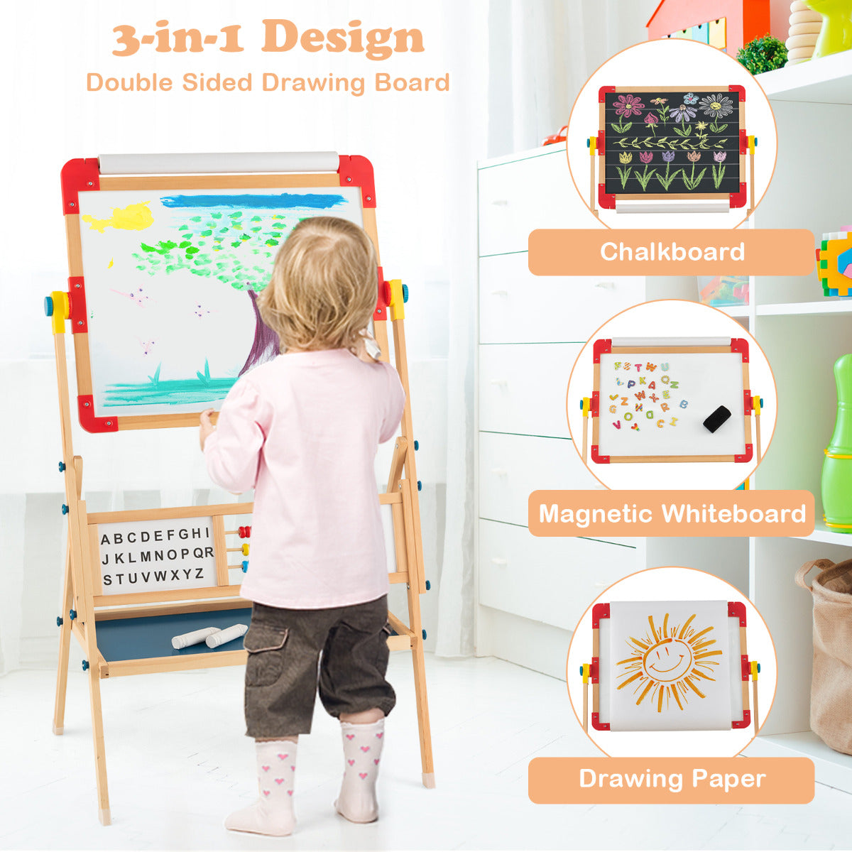LIVSK Houten Kunstezel 3-in-1 - Dubbelzijdig Tekenbord met Papierrol - Educatief en Creatief - Voor Kinderen vanaf 3 jaar - Natuur