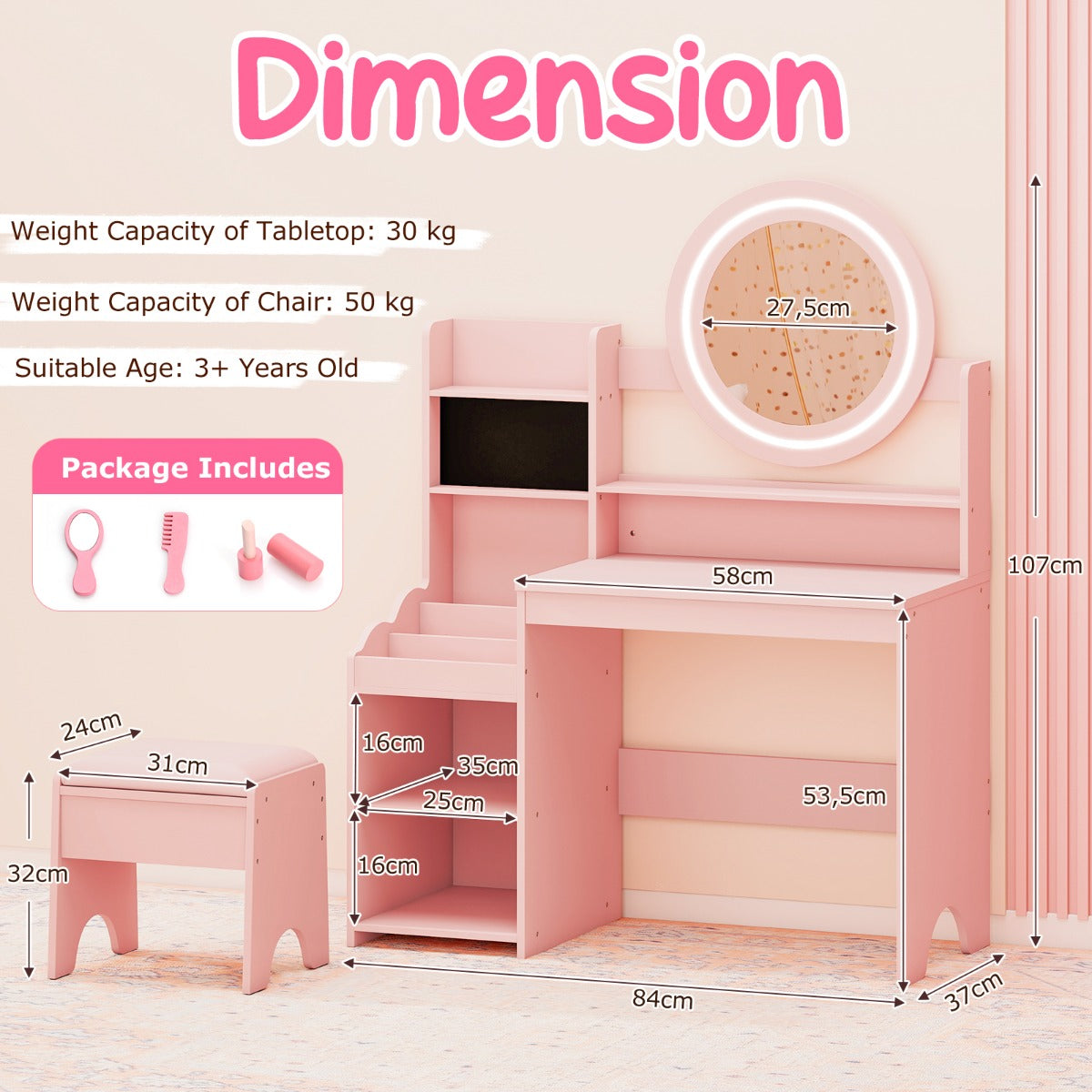 Livsk costway kinderschminktafel met spiegel verlichting prinsessenspeeltafel met plank ringgleuven gestoffeerde kruk kinderschminktafelset roze
