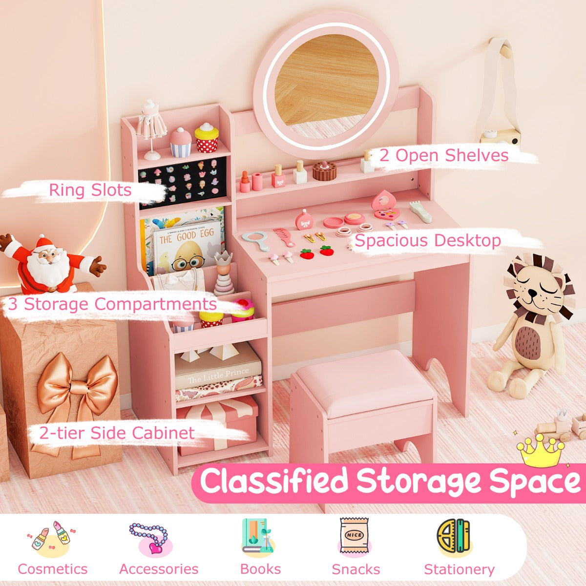 Livsk costway kinderschminktafel met spiegel verlichting prinsessenspeeltafel met plank ringgleuven gestoffeerde kruk kinderschminktafelset roze
