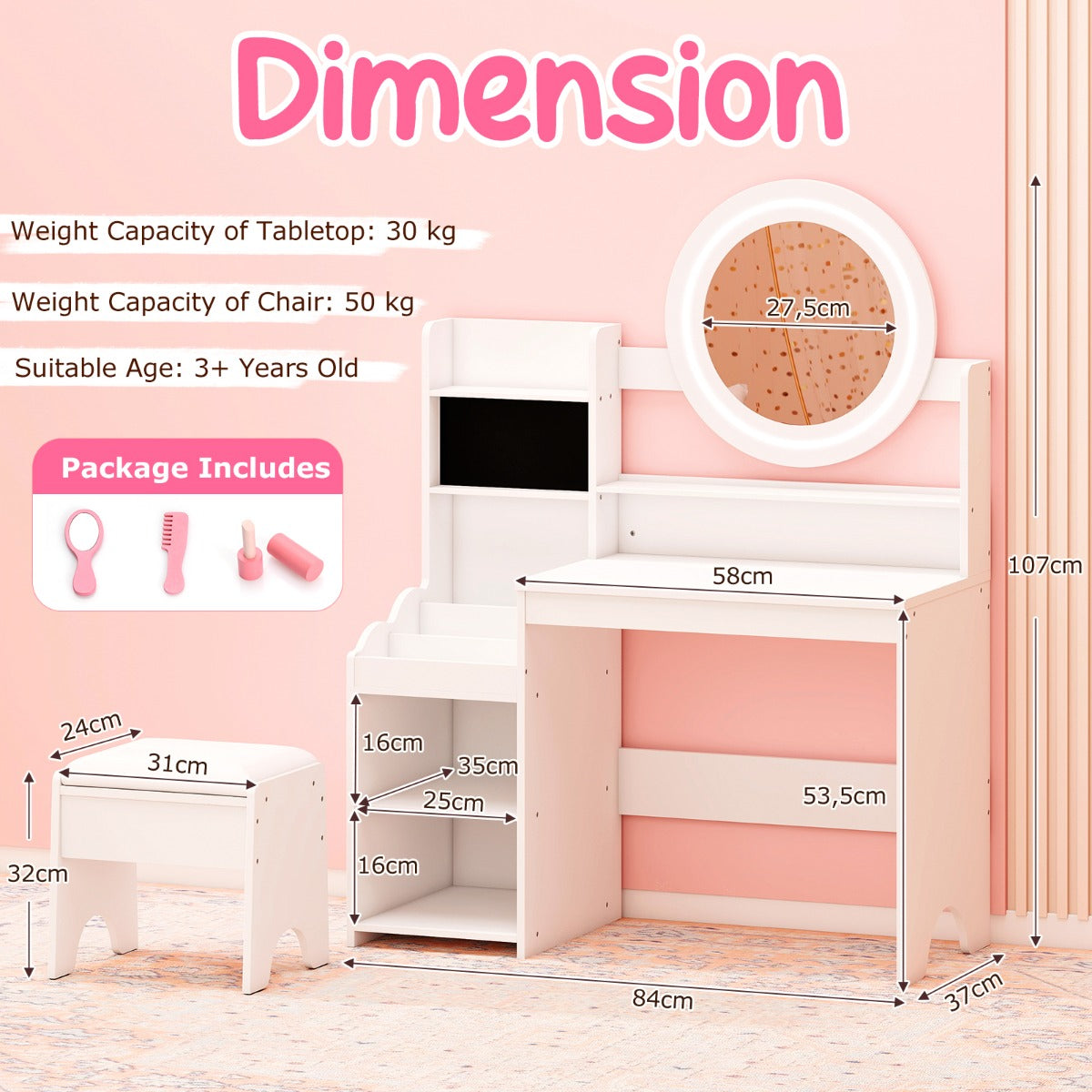 Livsk costway kinderschminktafel met spiegel verlichting prinsessenspeeltafel met plank ringgleuven gestoffeerde kruk kinderschminktafelset wit