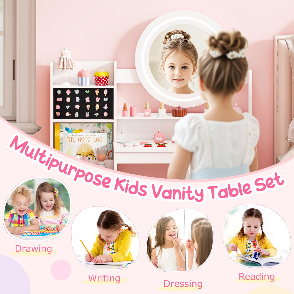 Livsk costway kinderschminktafel met spiegel verlichting prinsessenspeeltafel met plank ringgleuven gestoffeerde kruk kinderschminktafelset wit