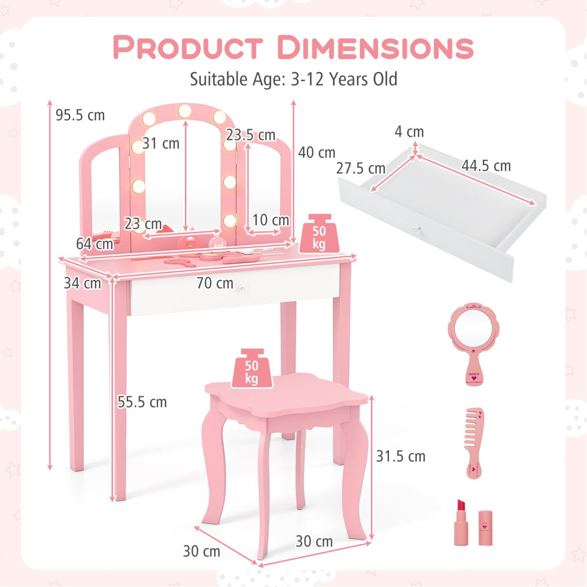 Livsk costway kinderschminktafel set 2 in 1 prinsessen make up schminktafel met afneembare spiegel roze 1 1