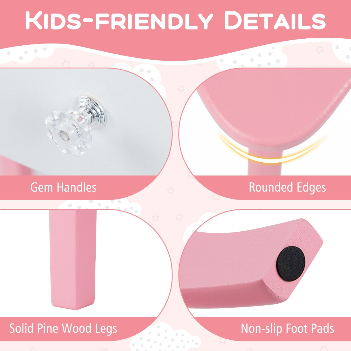 Livsk costway kinderschminktafel set 2 in 1 prinsessen make up schminktafel met afneembare spiegel roze 3