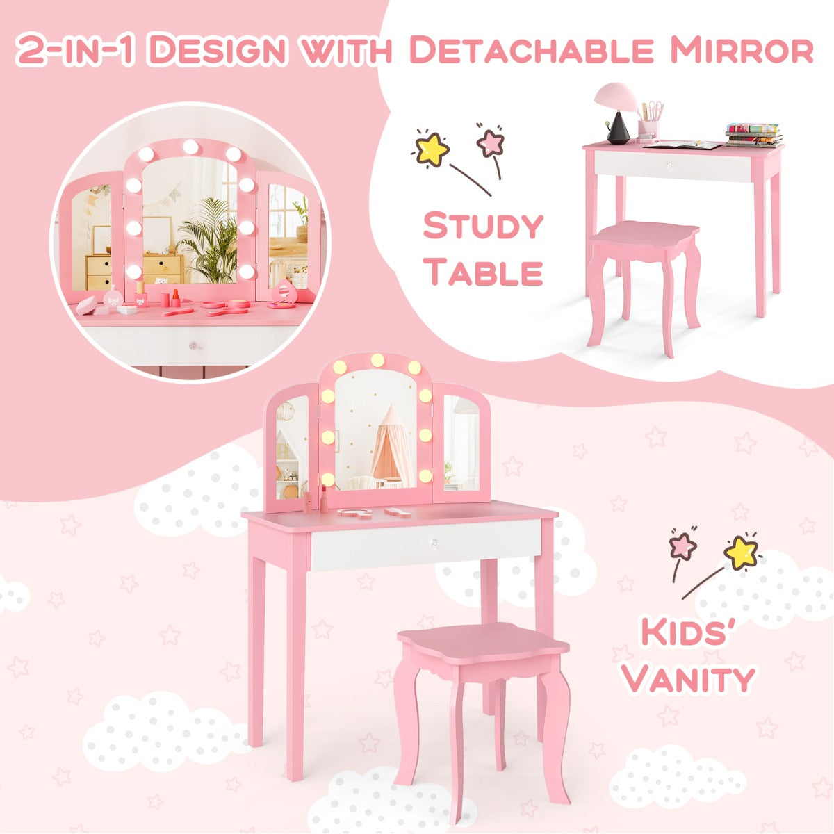 Livsk costway kinderschminktafel set 2 in 1 prinsessen make up schminktafel met afneembare spiegel roze 4