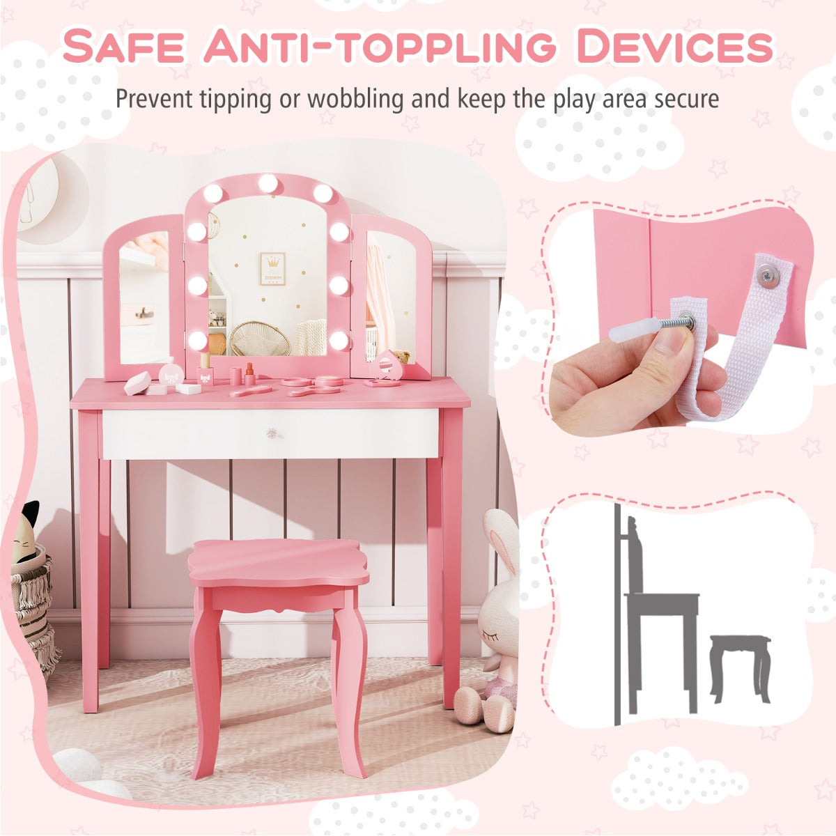 Livsk costway kinderschminktafel set 2 in 1 prinsessen make up schminktafel met afneembare spiegel roze 5