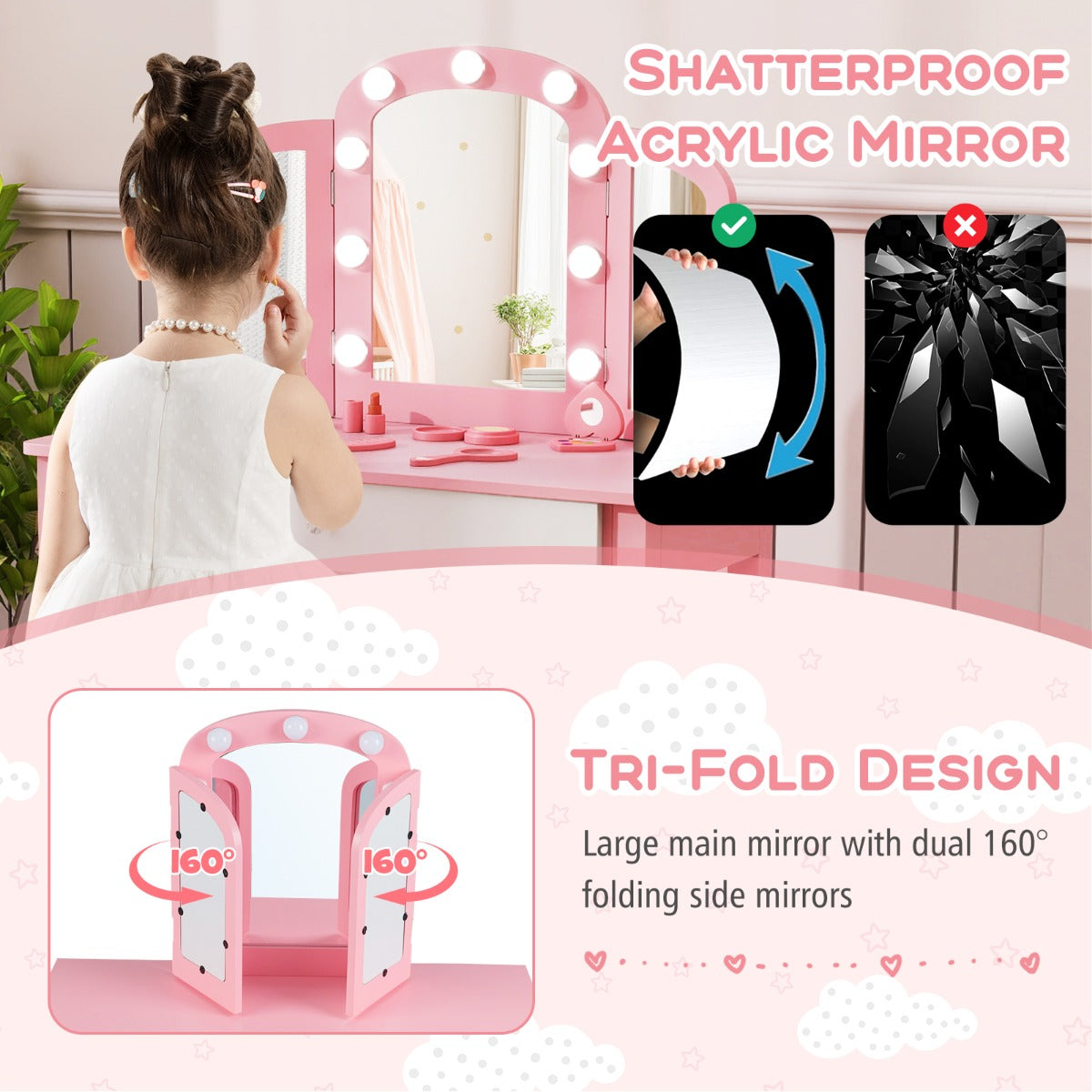 Livsk costway kinderschminktafel set 2 in 1 prinsessen make up schminktafel met afneembare spiegel roze 6