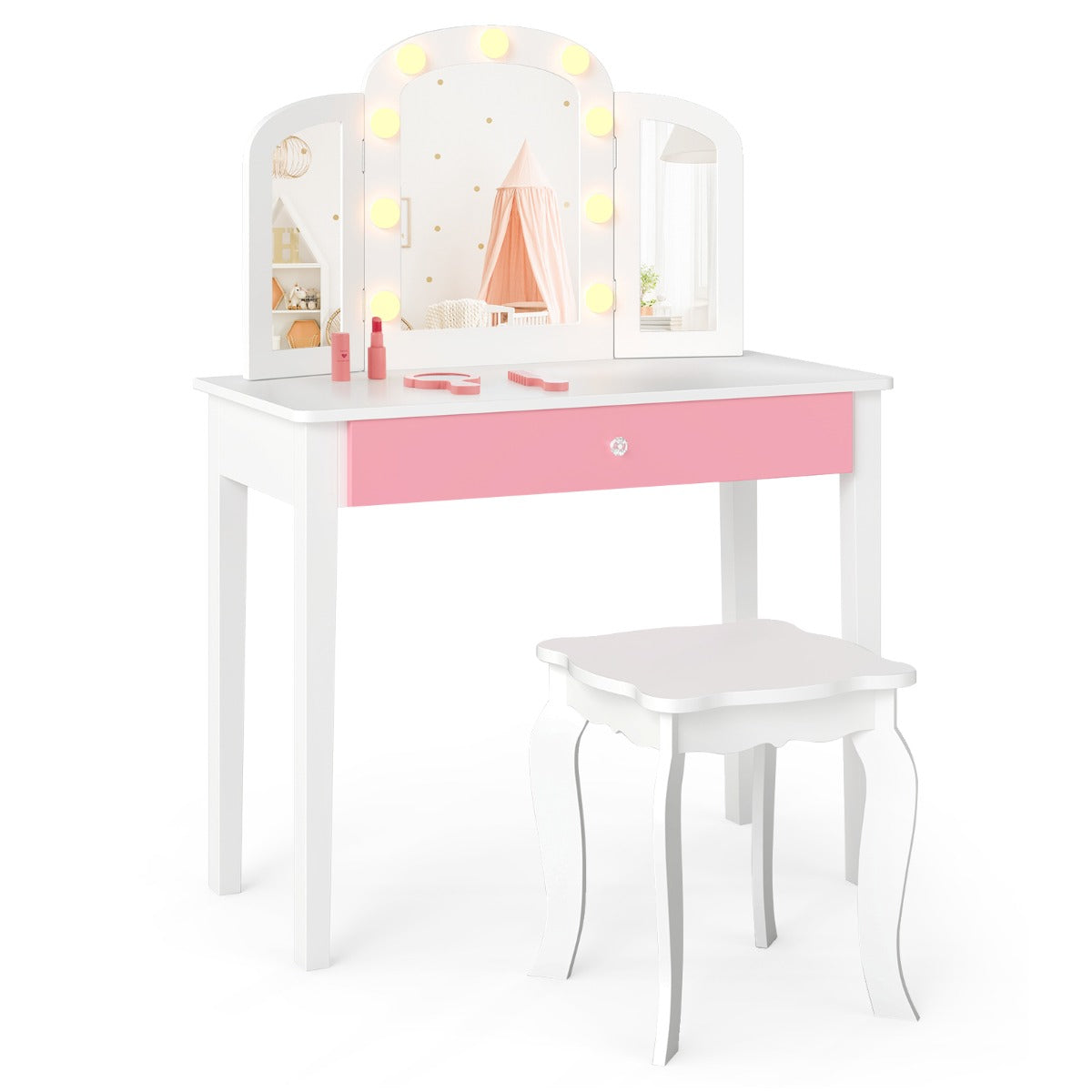 Livsk costway kinderschminktafel set 2 in 1 prinsessen make up schminktafel met afneembare spiegel wit