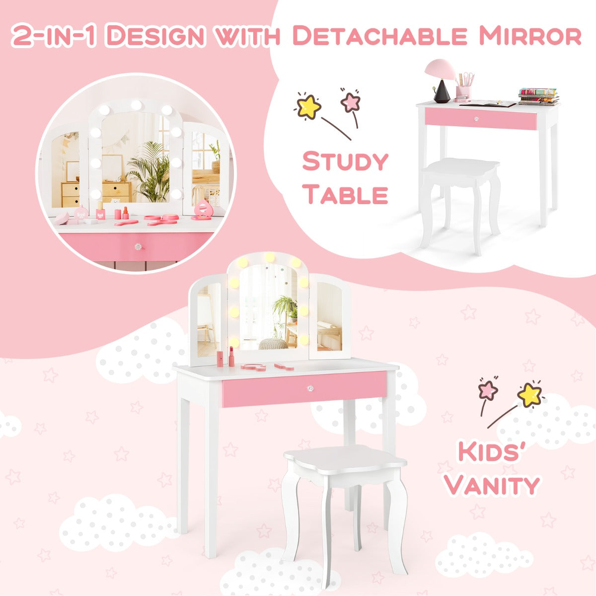 Livsk costway kinderschminktafel set 2 in 1 prinsessen make up schminktafel met afneembare spiegel wit 4