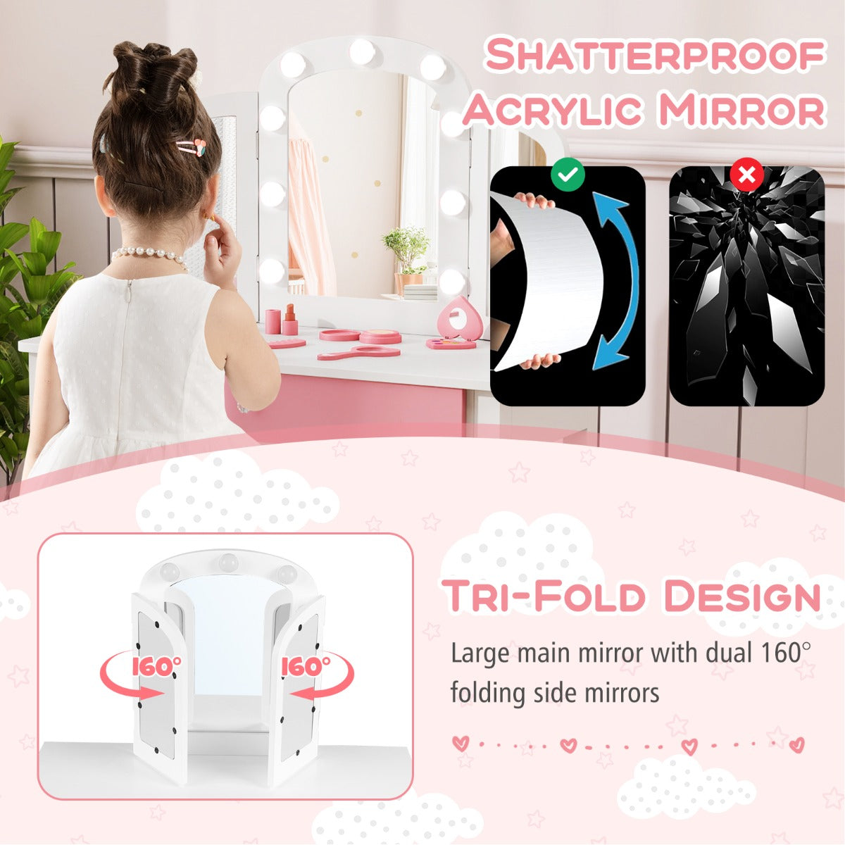 Livsk costway kinderschminktafel set 2 in 1 prinsessen make up schminktafel met afneembare spiegel wit 5