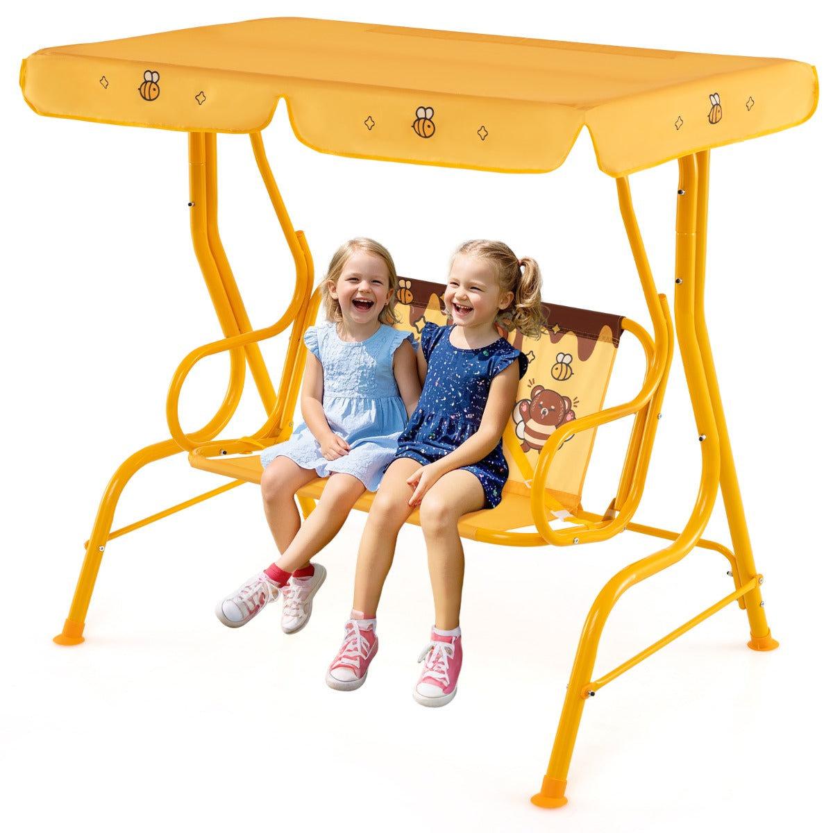 LIVSK Kinderschommel - Verstelbaar Zonnedak - Veiligheidsgordels - Robuust Metaal - Tot 80 kg - 112 x 76,5 x 111 cm - Oranje
