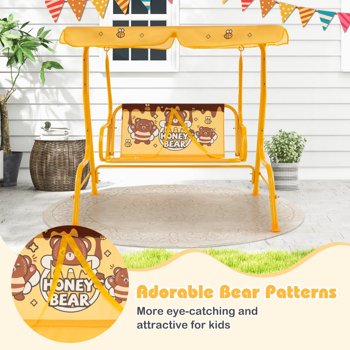 LIVSK Kinderschommel - Verstelbaar Zonnedak - Veiligheidsgordels - Robuust Metaal - Tot 80 kg - 112 x 76,5 x 111 cm - Oranje