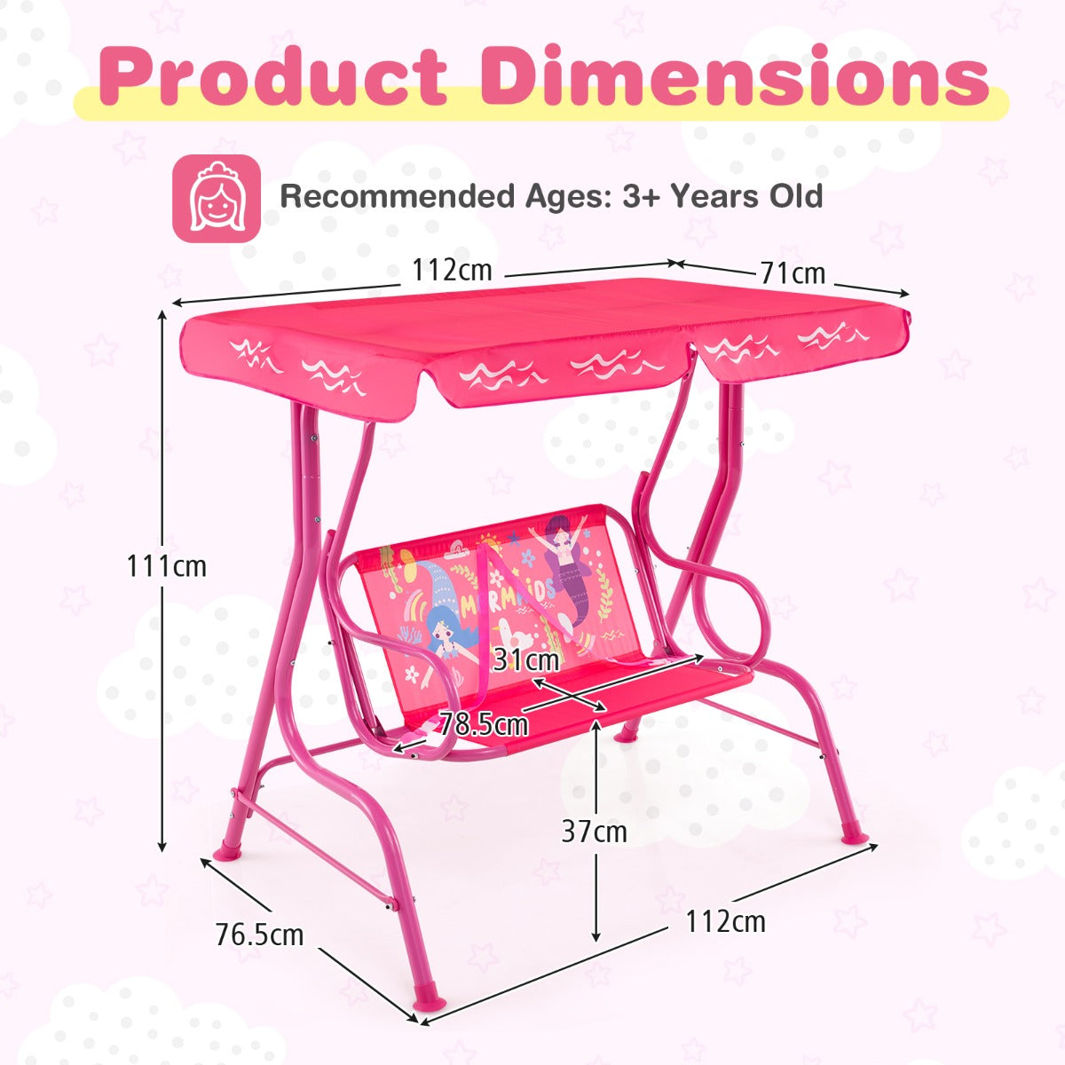 LIVSK Kinderschommel - Zitoppervlak 78,5 cm - Verstelbaar Zonnescherm - Veiligheidsgordels - Metalen Frame - Roze