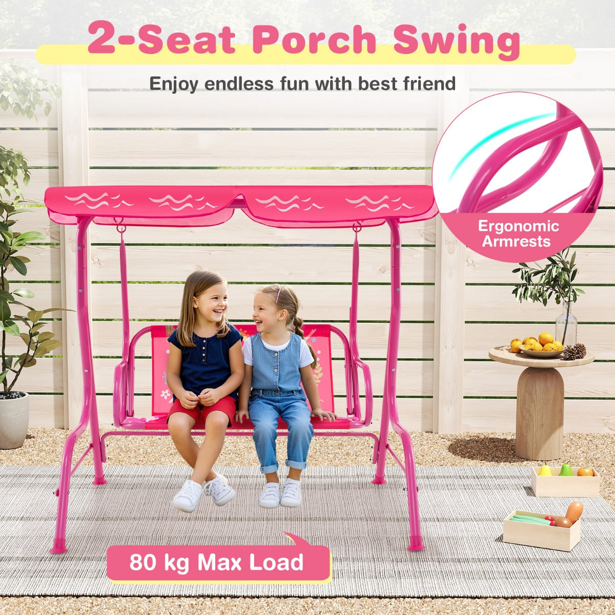 LIVSK Kinderschommel - Zitoppervlak 78,5 cm - Verstelbaar Zonnescherm - Veiligheidsgordels - Metalen Frame - Roze