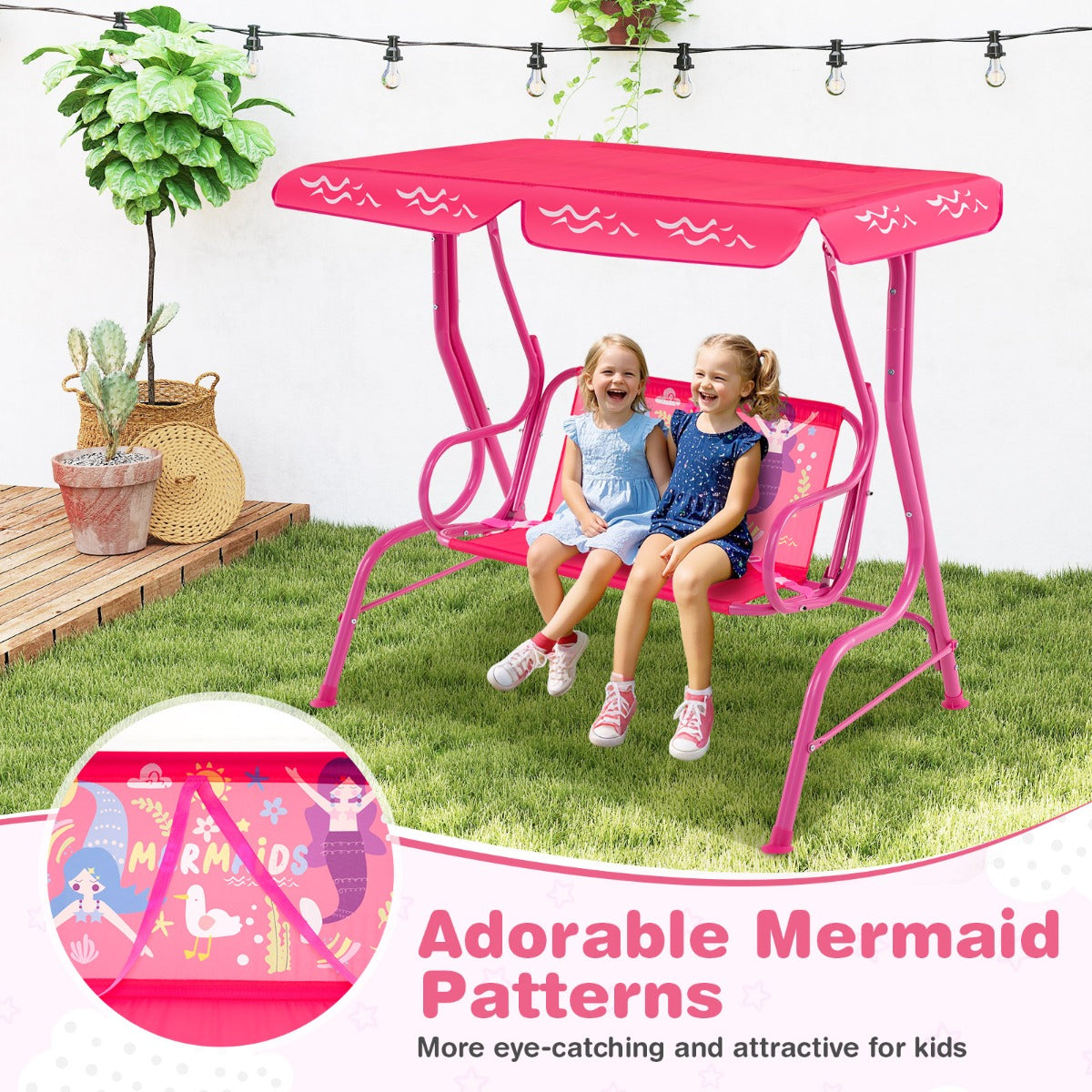 LIVSK Kinderschommel - Zitoppervlak 78,5 cm - Verstelbaar Zonnescherm - Veiligheidsgordels - Metalen Frame - Roze