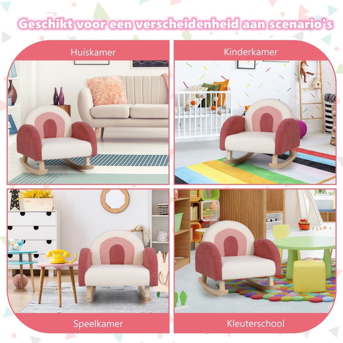 LIVSK Kinderschommelstoel van Populierenhout - Ergonomisch Ontwerp - Zacht Teddy Pluche - Max. 50 kg - Rood