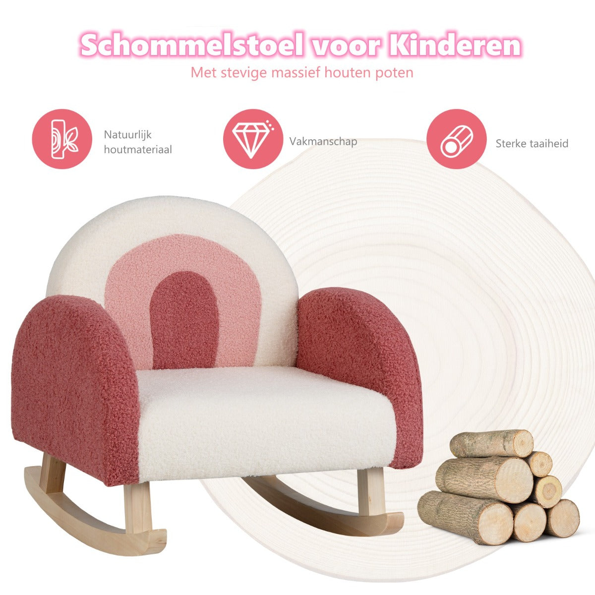 LIVSK Kinderschommelstoel van Populierenhout - Ergonomisch Ontwerp - Zacht Teddy Pluche - Max. 50 kg - Rood