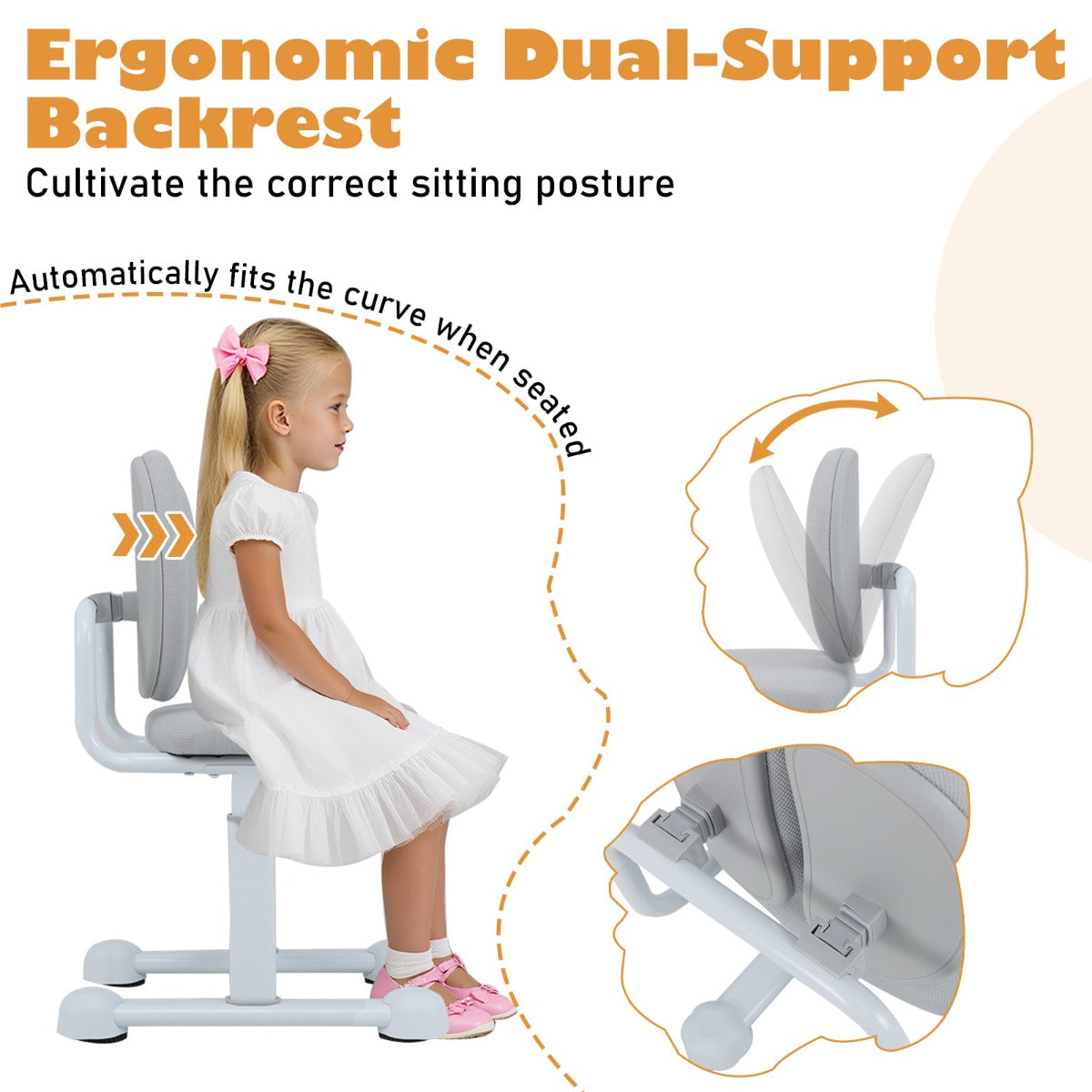 LIVSK Kinderschrijftafelstoel met Verstelbare Hoogte - Ergonomische Dubbele Rugleuning - Gevoerde Zitting - Stabiel Metaal - Grijs