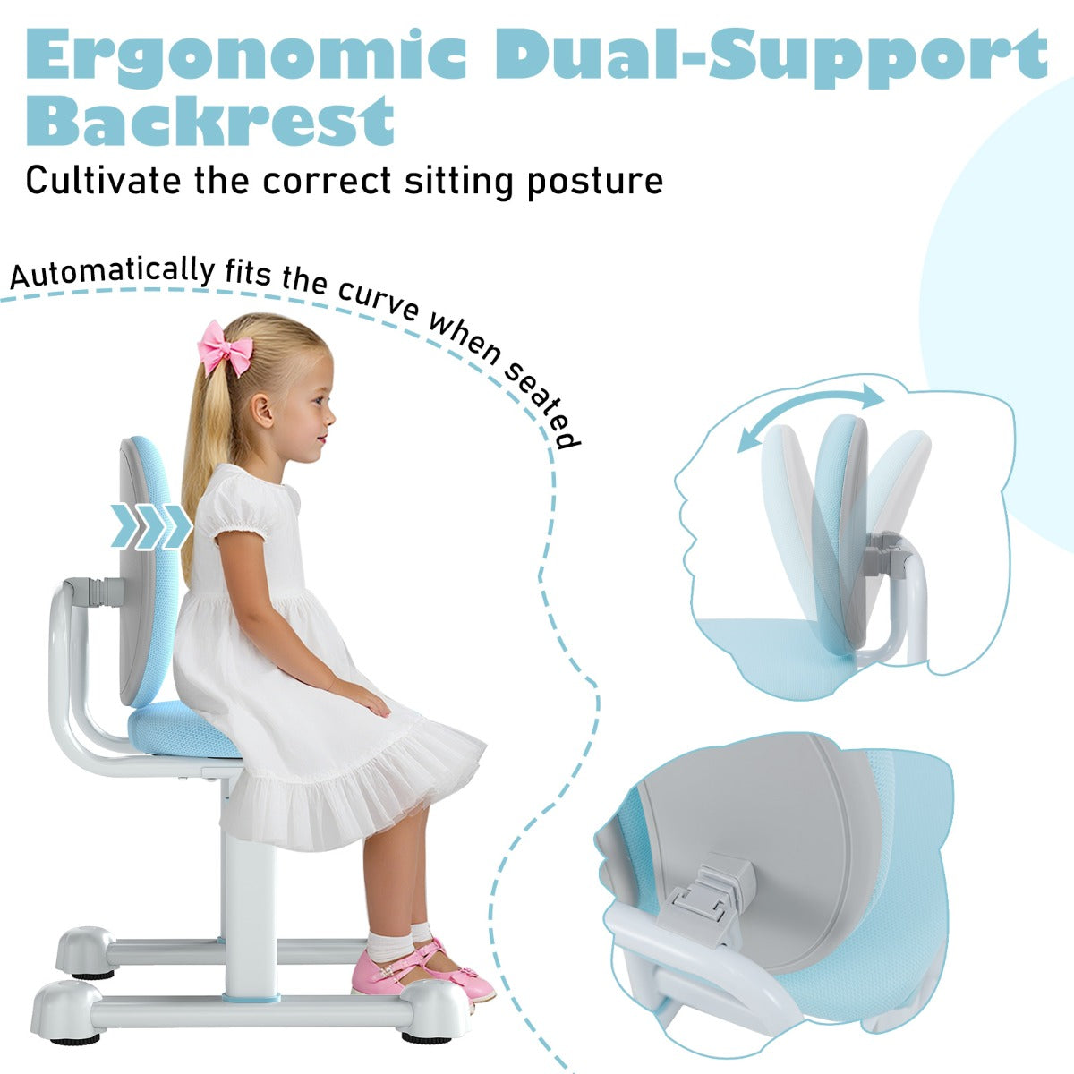LIVSK Kinderschrijftafelstoel met Verstelbare Hoogte - Ergonomische Dubbele Rugsteun - Robuust Metalen Frame - Comfortabele