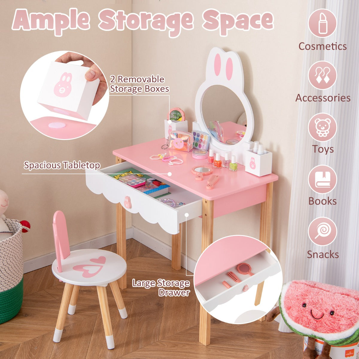 LIVSK Kinder Kaptafel Set - Schattig Konijn Design - Veilig Hout - Multifunctioneel met Opberglade - 60 x 34 x 103 cm - Roze