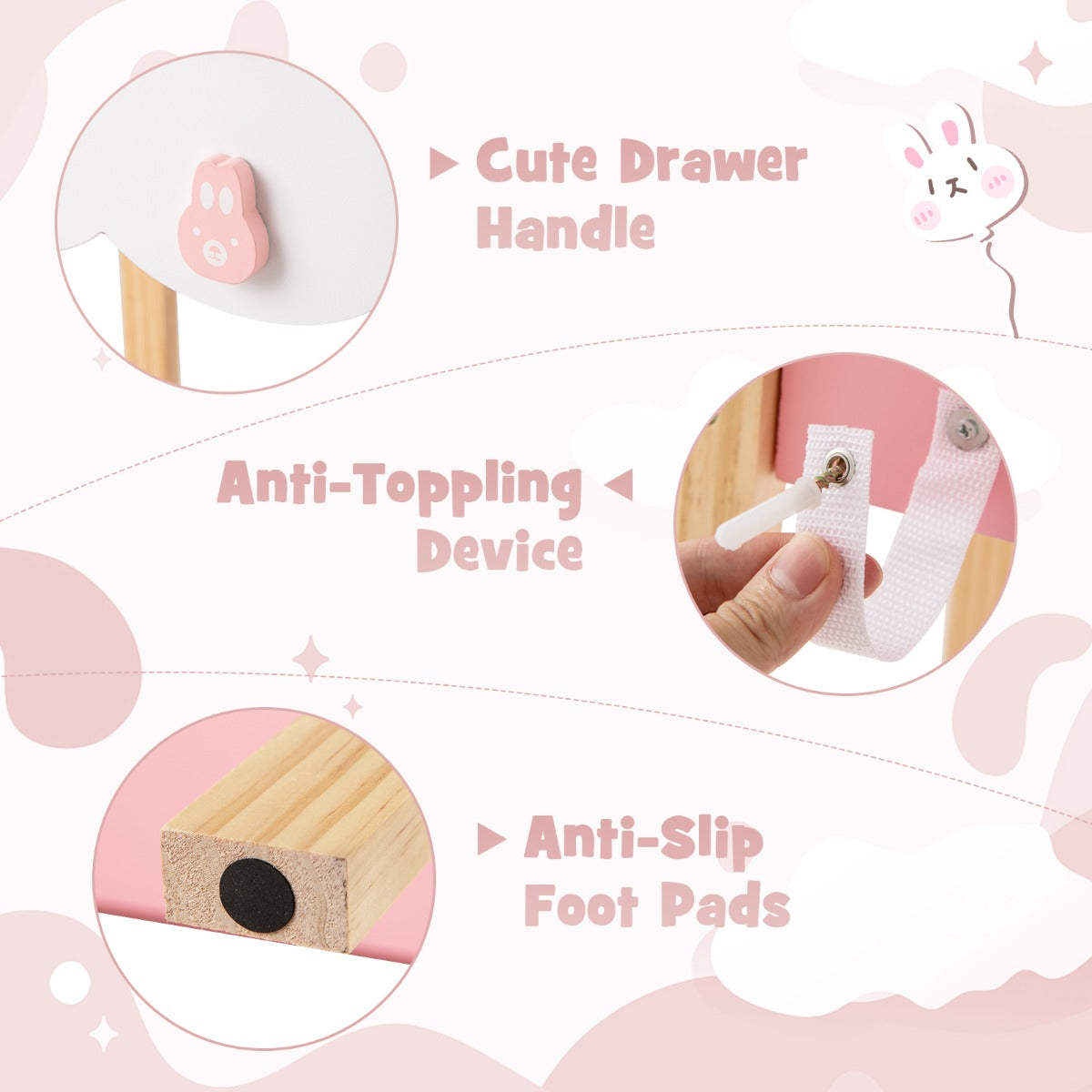 LIVSK Kinder Kaptafel Set - Schattig Konijn Design - Veilig Hout - Multifunctioneel met Opberglade - 60 x 34 x 103 cm - Roze