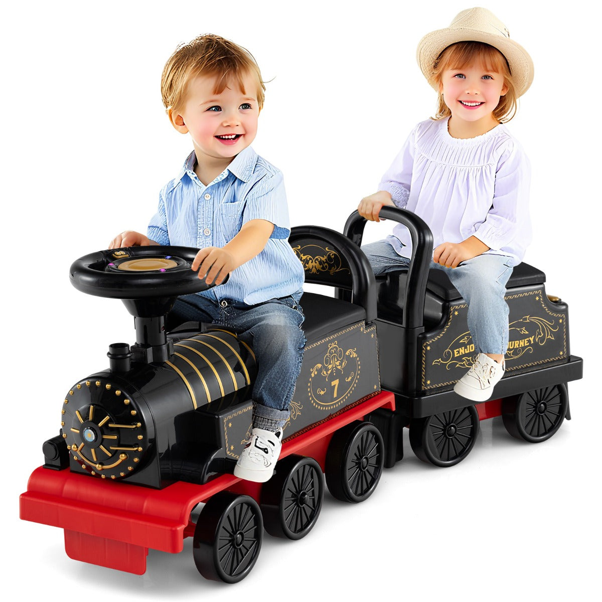 Livsk costway kinderspeelgoedtrein 6v elektrisch kindervoertuig met afneembare wagons en opvouwbare voetsteunen