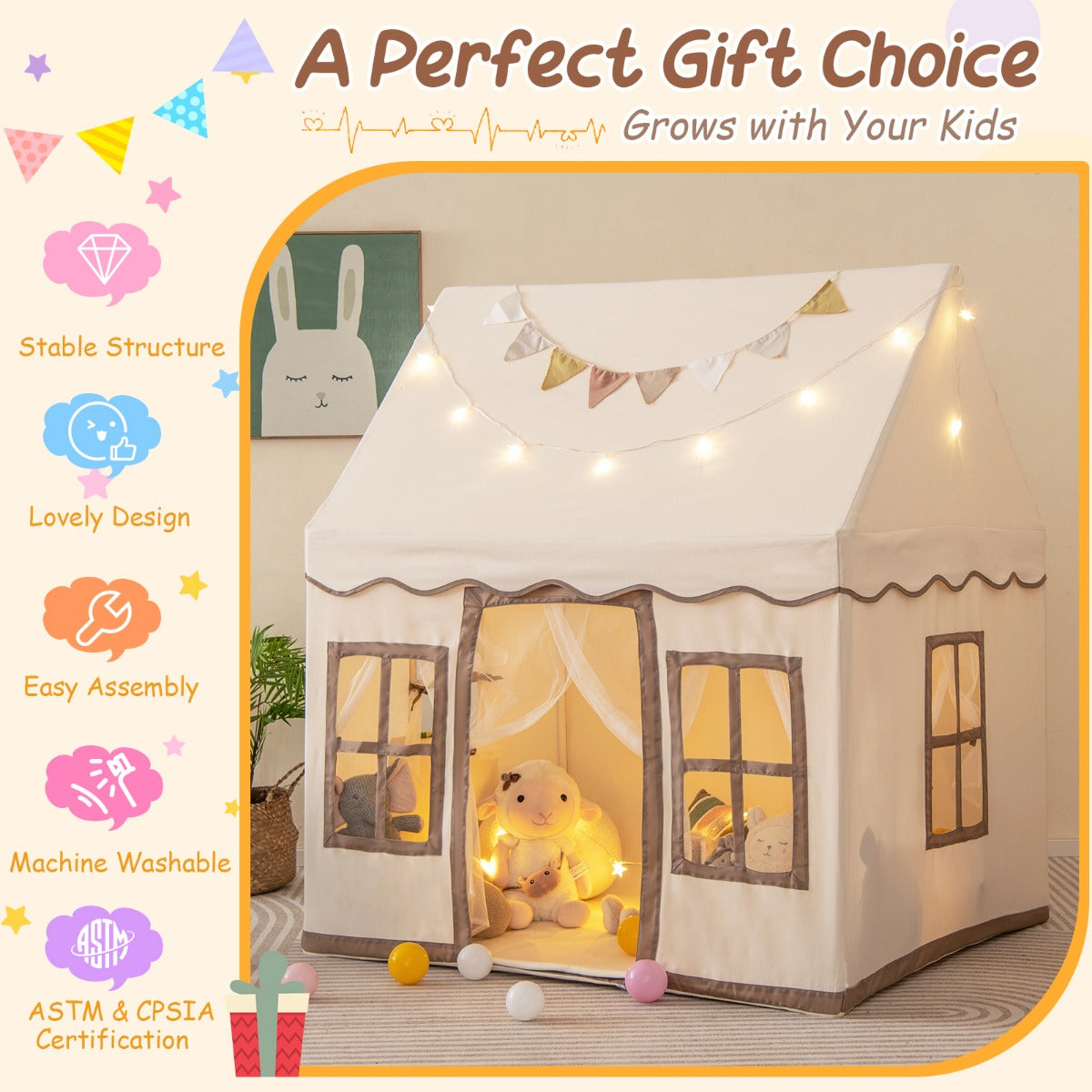 LIVSK Speeltent voor Kinderen - Ruimte voor 3-4 Kinderen - Ademend met Sterrenlicht - Antislipmat - Lichtbruin