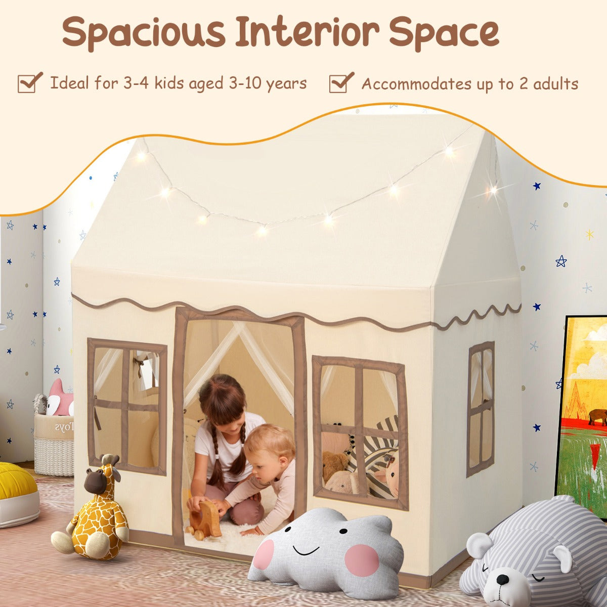 LIVSK Speeltent voor Kinderen - Ruimte voor 3-4 Kinderen - Ademend met Sterrenlicht - Antislipmat - Lichtbruin