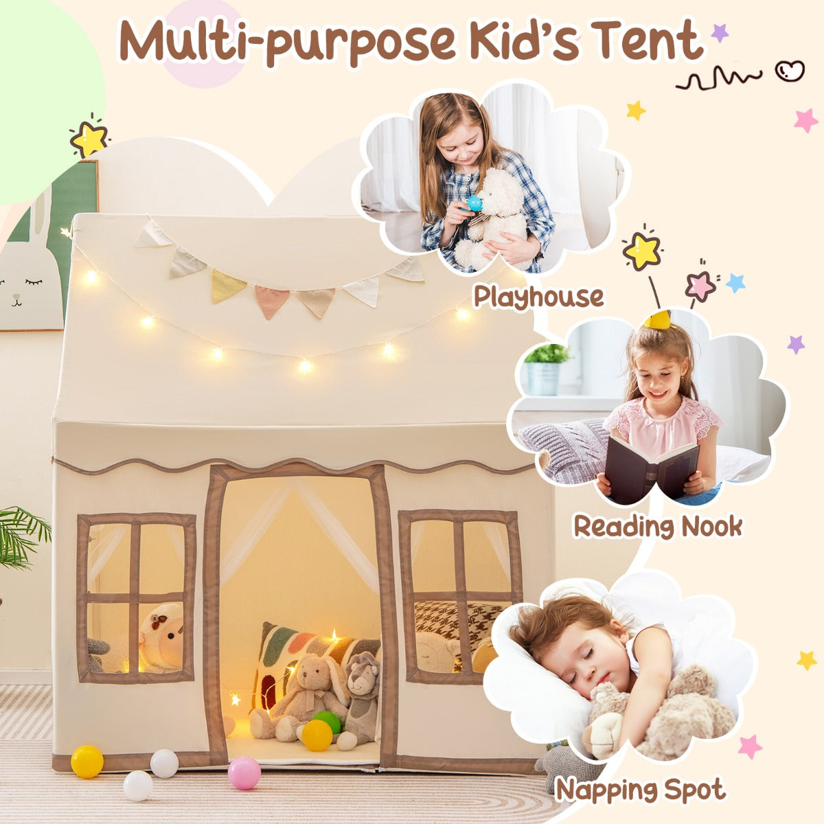 LIVSK Speeltent voor Kinderen - Ruimte voor 3-4 Kinderen - Ademend met Sterrenlicht - Antislipmat - Lichtbruin