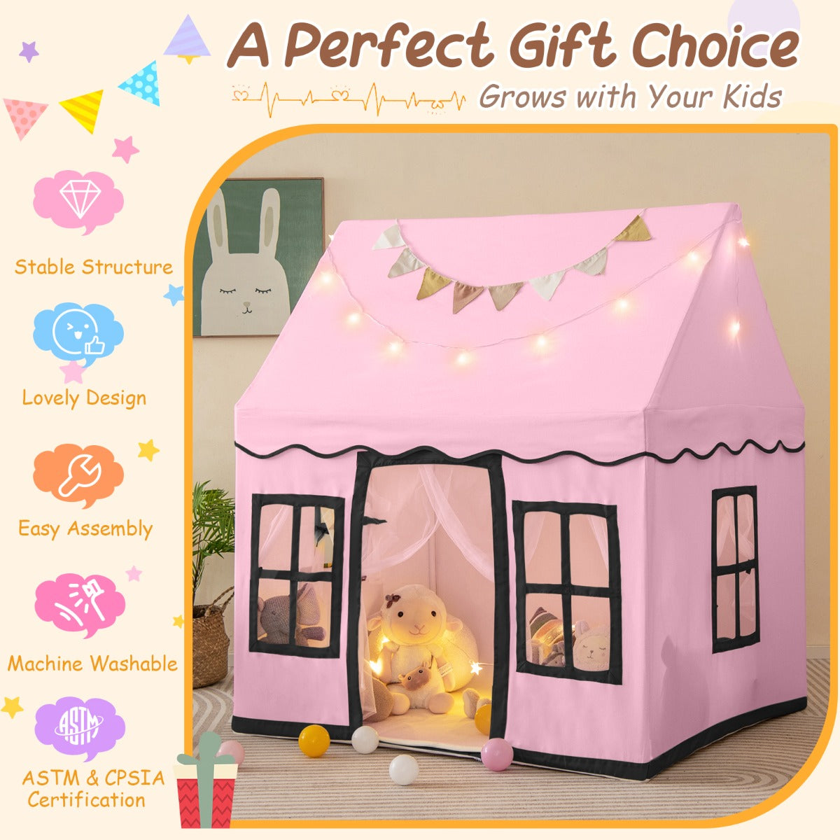 LIVSK Speeltent voor Kinderen - Ruim voor 3-4 Kinderen - Ademend met Netgordijnen - Sterrenlichtsnoer - 121 x 101 x 137 cm - Roze