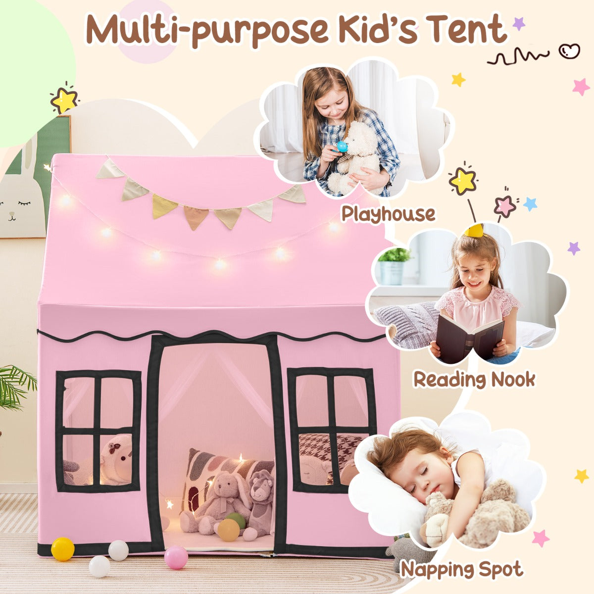 LIVSK Speeltent voor Kinderen - Ruim voor 3-4 Kinderen - Ademend met Netgordijnen - Sterrenlichtsnoer - 121 x 101 x 137 cm - Roze