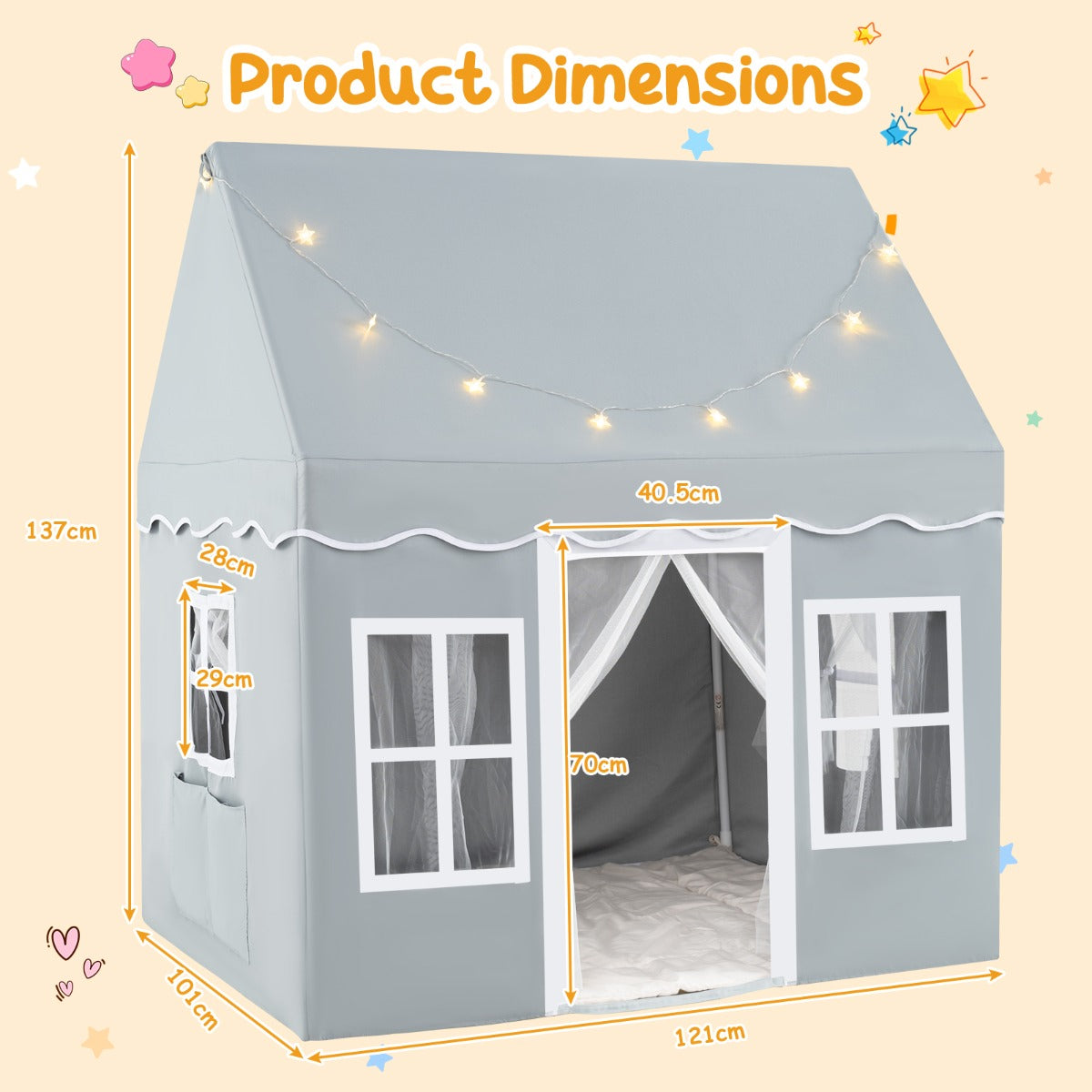 LIVSK Kindertent met Sterrenlichten - Ruim voor 3 - 4 Kinderen - Ademend met Netgordijnen - Stabiliteit met Antislipmat - Grijs