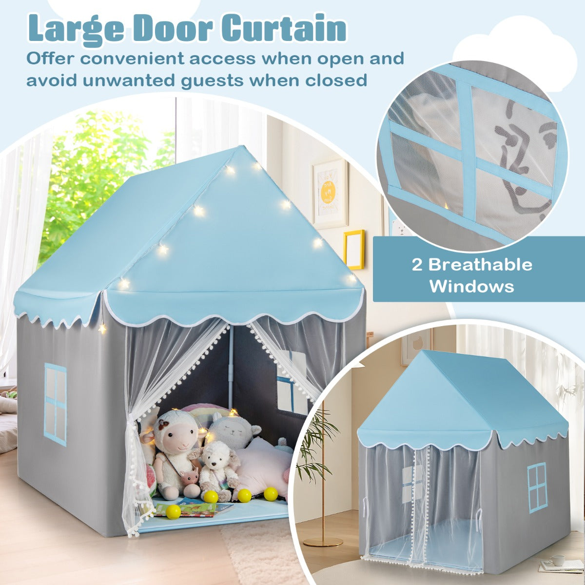 LIVSK Speelhuistent met Sterrenverlichting - Ruime Tent voor 4 Kinderen - Duurzaam Polyester-Katoen - Voor Binnen en Buiten -