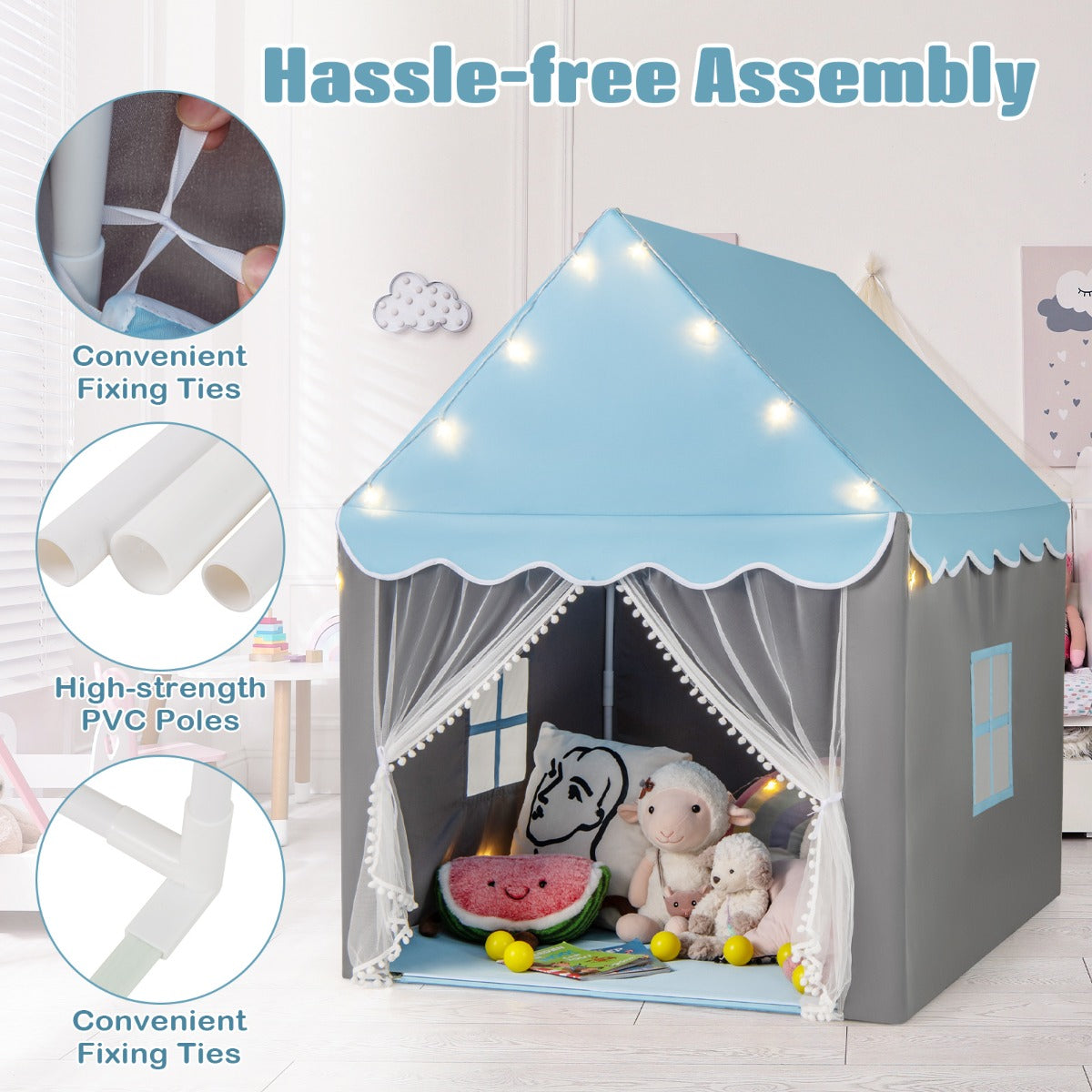 LIVSK Speelhuistent met Sterrenverlichting - Ruime Tent voor 4 Kinderen - Duurzaam Polyester-Katoen - Voor Binnen en Buiten -