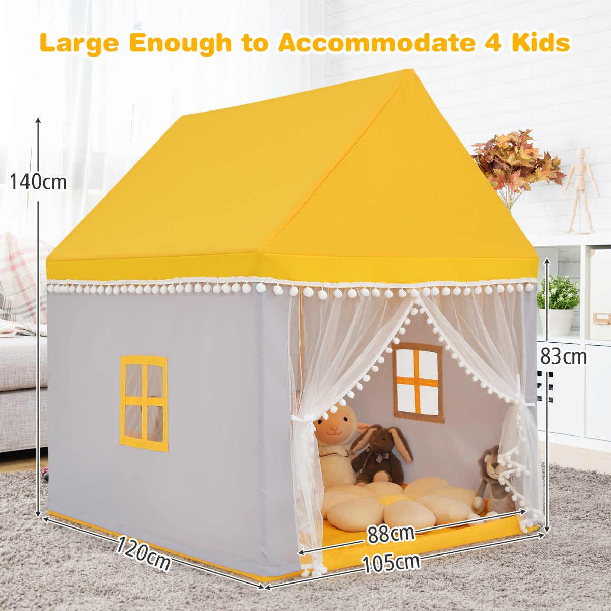 LIVSK Kinderspeelhuisje - Stabiel Massief Houten Frame - Dikke Katoenen Deken - Ademend - Voor Binnen - 120 x 105 x 140 cm - Geel