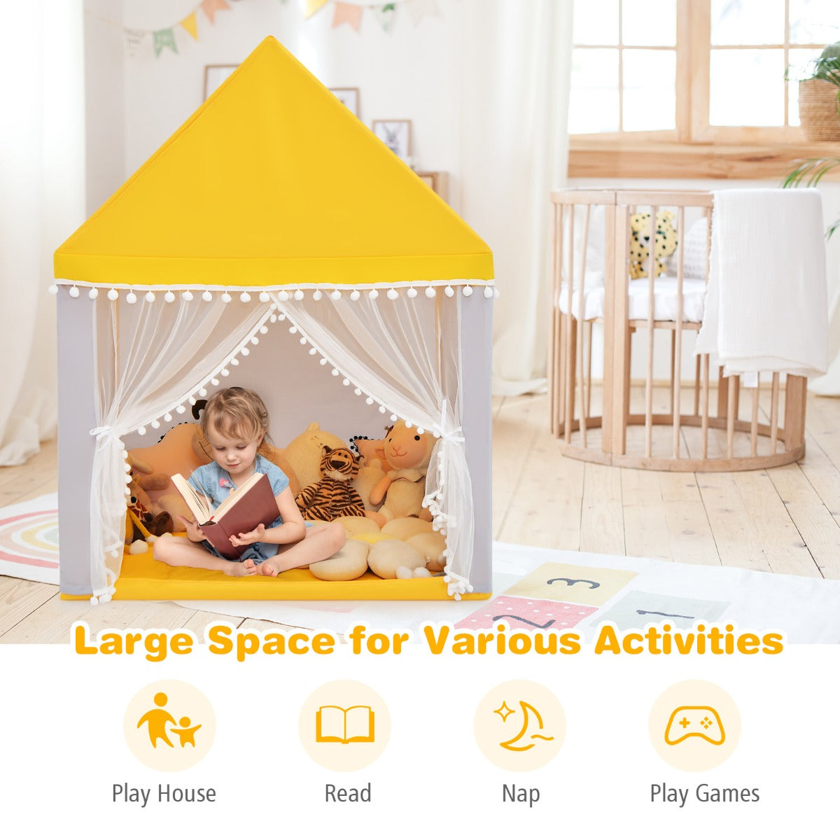 LIVSK Kinderspeelhuisje - Stabiel Massief Houten Frame - Dikke Katoenen Deken - Ademend - Voor Binnen - 120 x 105 x 140 cm - Geel