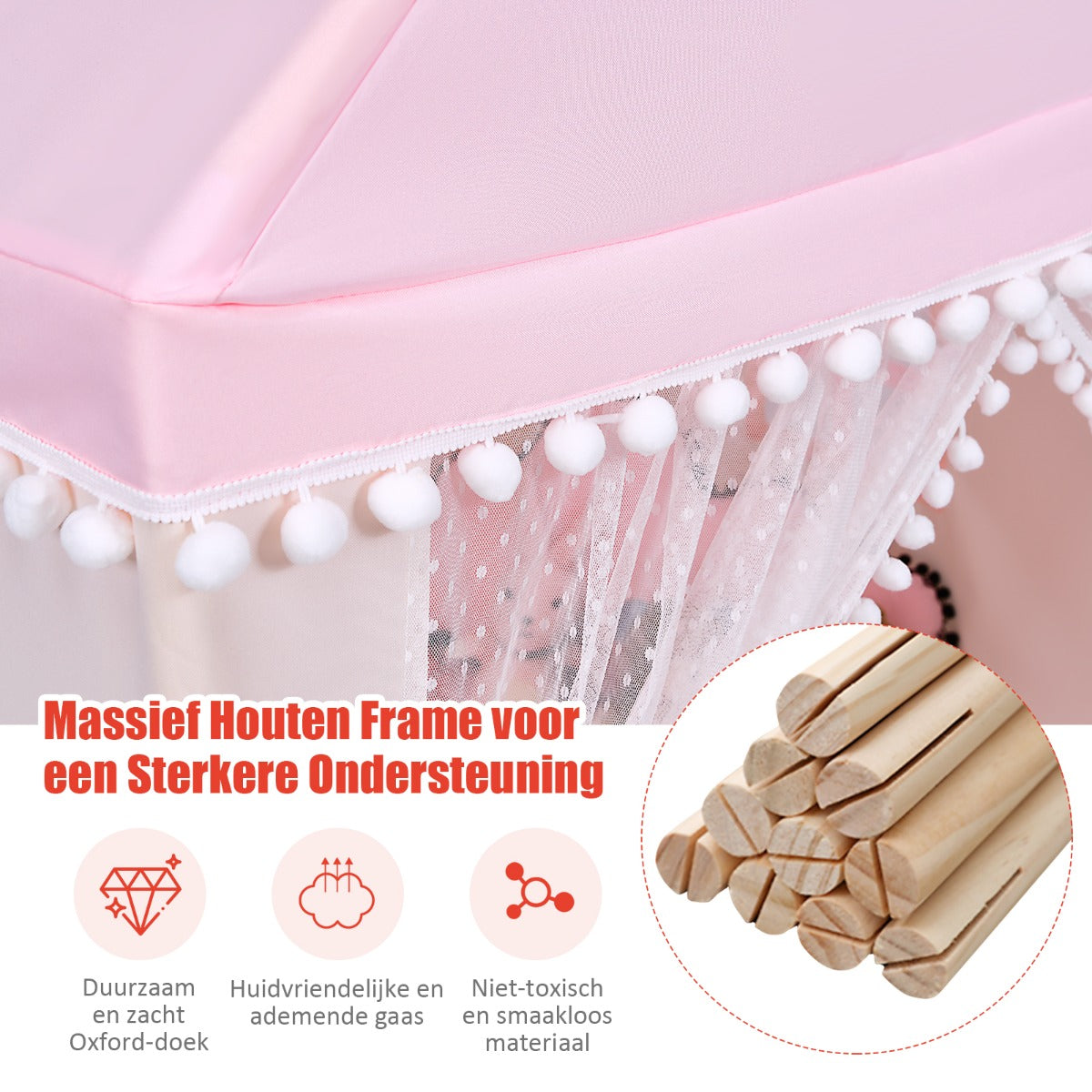 Livsk costway kinderspeelhuis stevig huis grote sprookjesachtige tent speelhuis met massief houten frame en katoenen deken binnenshuis roze 5