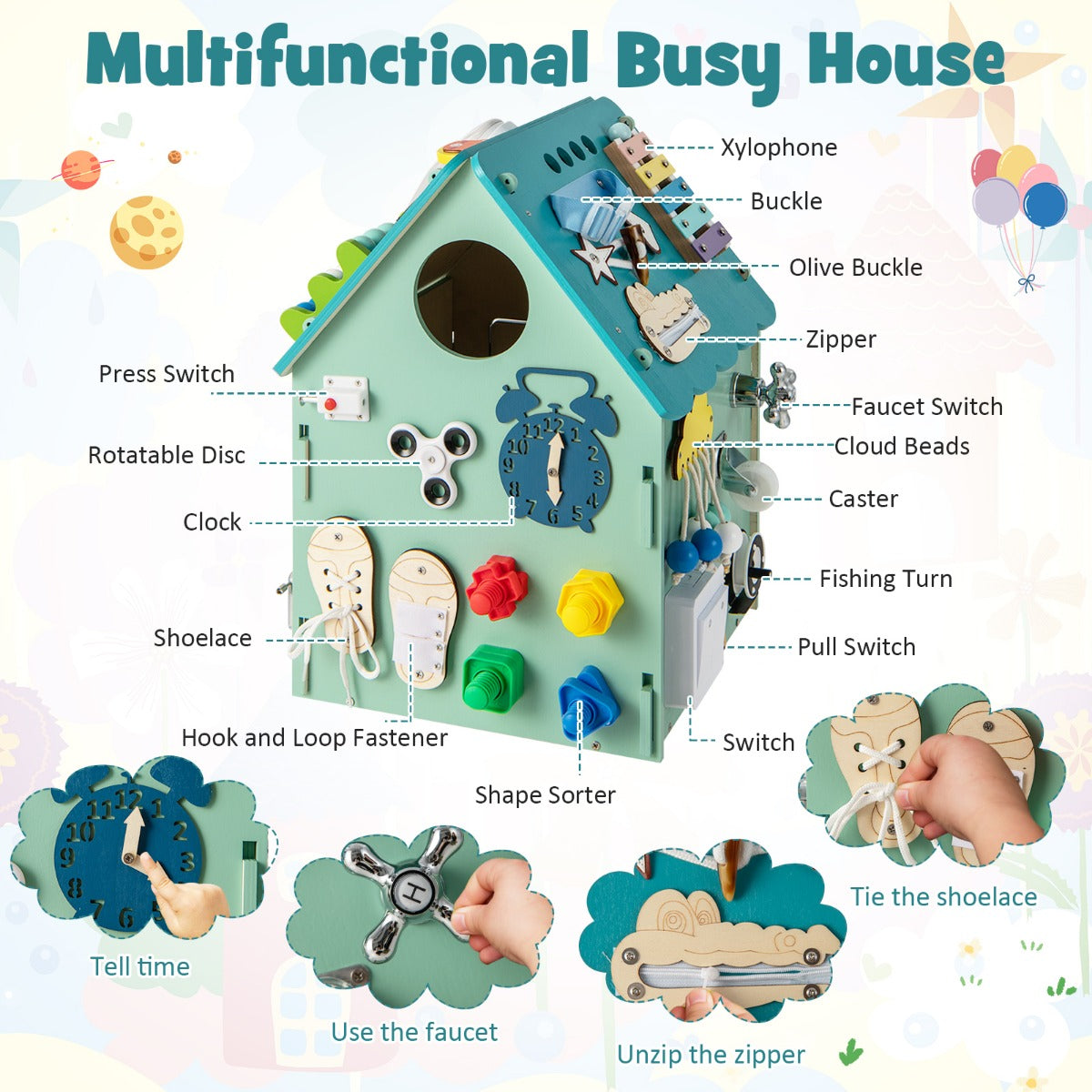 Livsk costway kinderspeelhuis van hout educatief speelgoedhuis met zintuiglijke spelletjes sensorisch speelgoed montessori voor de fijne motoriek blauw 4