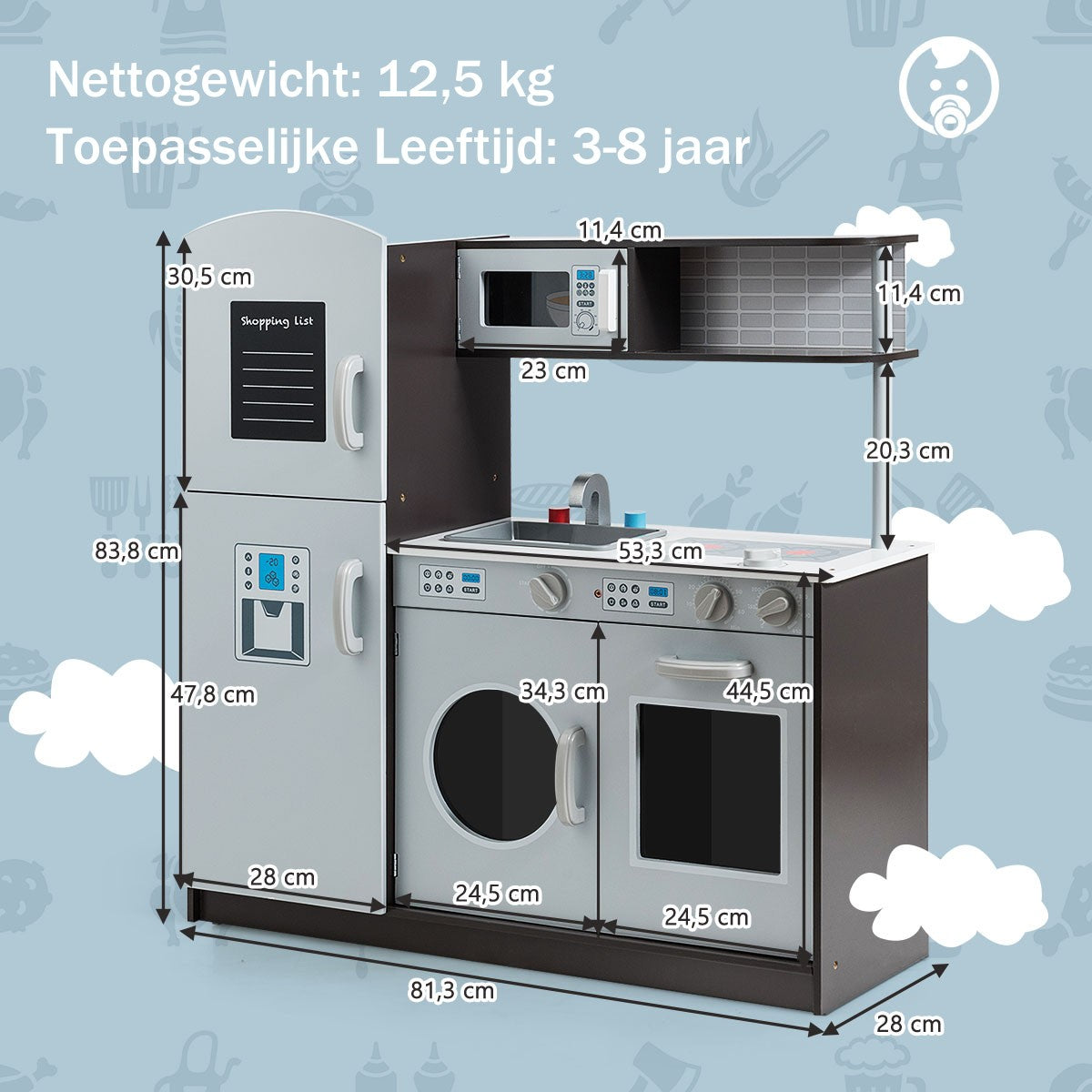 LIVSK Houten Speelkeuken met Klikgeluiden - Fornuis, Gootsteen, Koelkast en Opbergruimte - Duurzaam en Veilig - Grijs