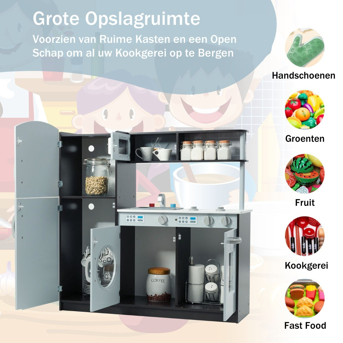 LIVSK Houten Speelkeuken met Klikgeluiden - Fornuis, Gootsteen, Koelkast en Opbergruimte - Duurzaam en Veilig - Grijs