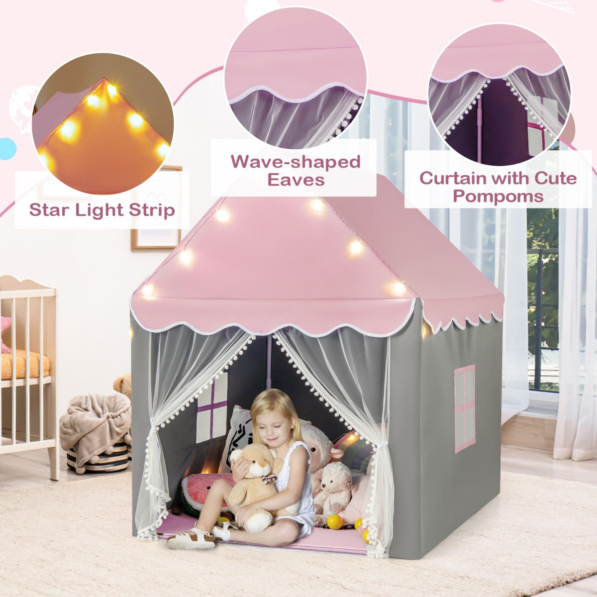 LIVSK Speelhuistent voor Kinderen - Ruimte voor 4 - Duurzaam Polyester-Katoen - Sterrenverlichting - Eenvoudige Montage - Roze +