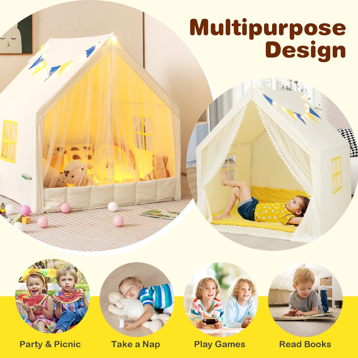 LIVSK Kinderspeeltent met Sterverlichting - Ruimte voor 2 Kinderen - Zacht Gewatteerd Tapijt - Duurzame PVC-structuur - 122 x 105